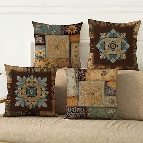 Miniatura 2 de WOMHOPE Juego de 4 fundas de almohada decorativas con diseño de mandala bohemio, fundas de cojín de arpillera de 18 x 18 pulgadas para sofá, cama,