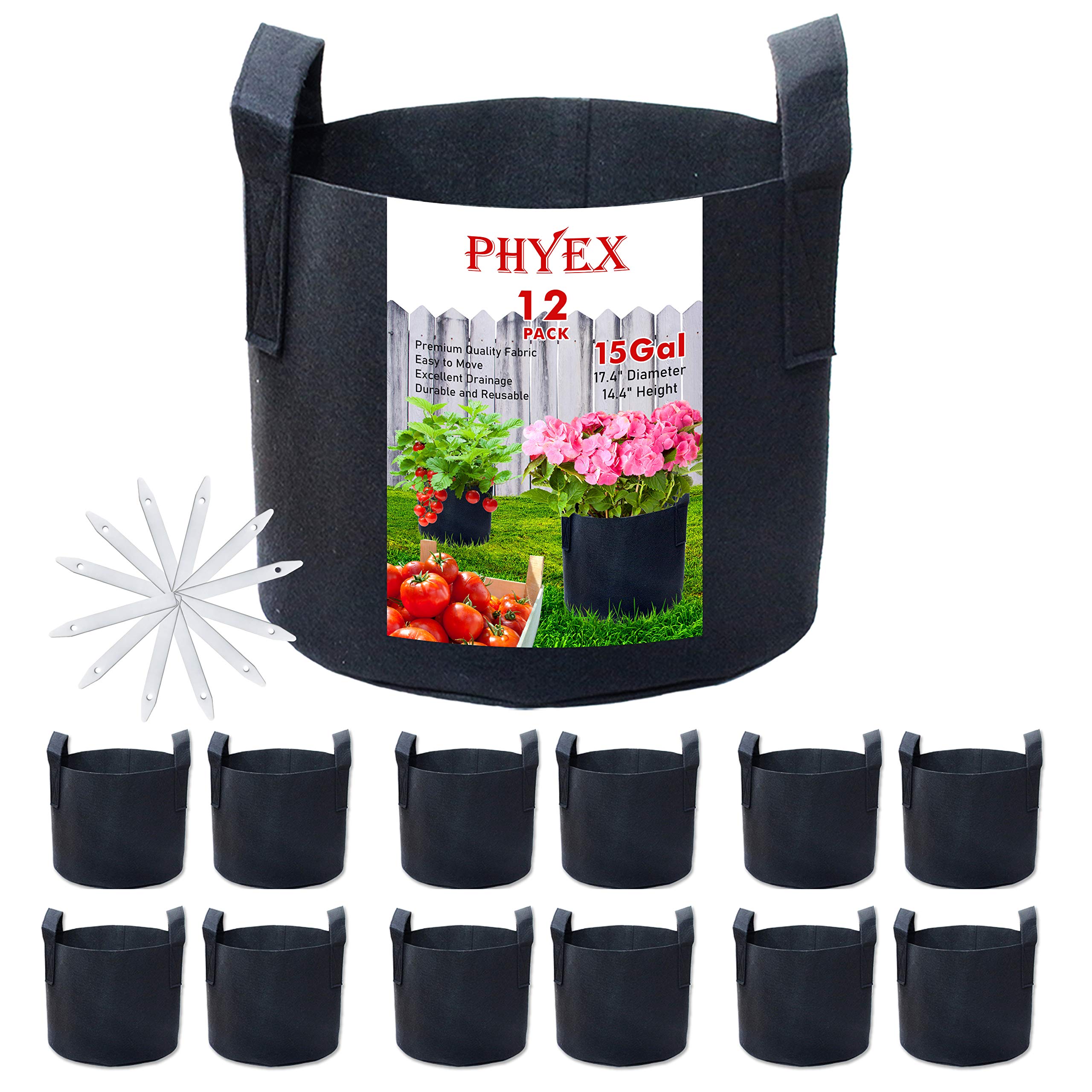 PHYEX12-Pack 15 Gallon Nonwoven Grow Bags, Aeration Fabric Pots with Durable Handles, Come with 12 Pcs Plant Labels