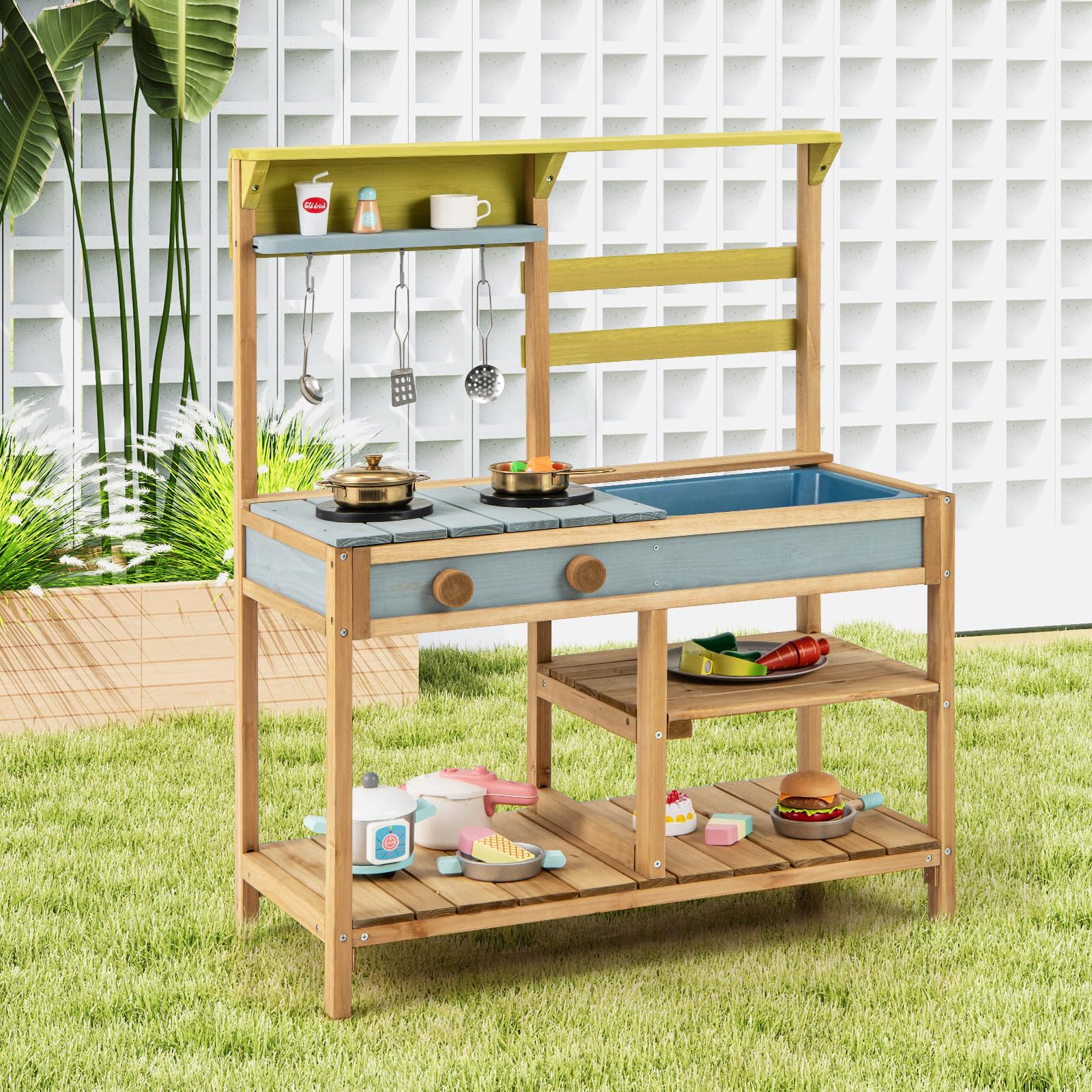 HOMASIS Cucina Giocattolo per Bambini in Legno, Cucinetta per Bambini Interattiva con 3 Ganci, 1 Lavandino e 2 Fornelli, Giocattolo Educativo per Bambini da 3+ Anni, 75 x 36 x 92 cm (Naturale)