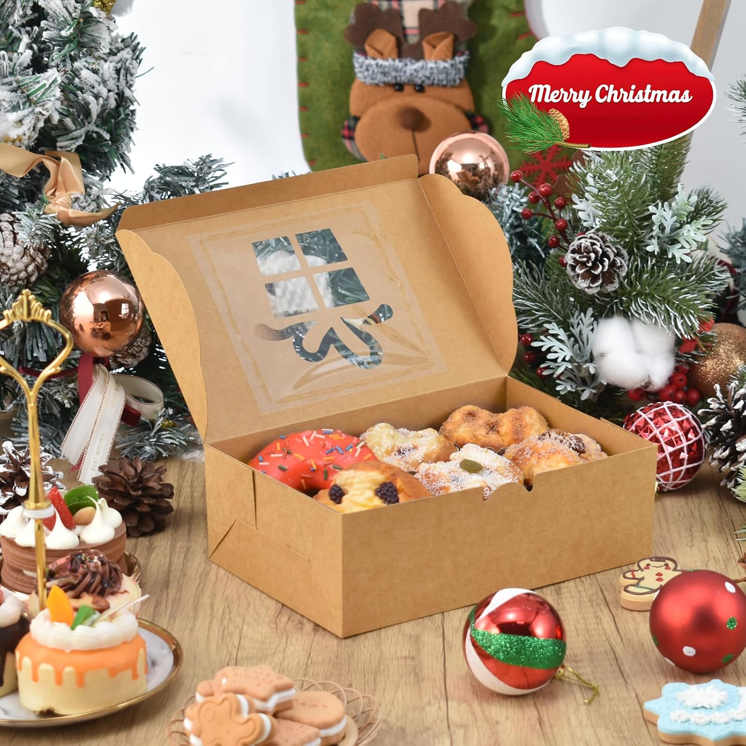 COTOPHER 18Pcs Christmas Cookie Boxes with Window, 9x6x3 inch Brown Bakery Boxes for Gift Giving, XMAS Treat Boxes Holiday Pastries Boxes for Cakes Muffins Donuts Chocolate Strawberries
