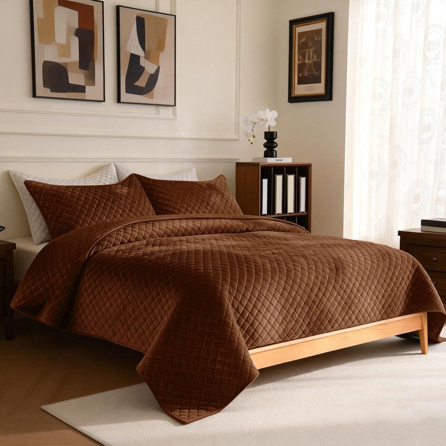 3-Piece Velvet Quilt Set King Size 98"x106" Comforter Quilted Bedspread Soft Bed Blanket Luxury Bedding with 2 Pillow Shams 20''x36'' for All-Season,Caramel