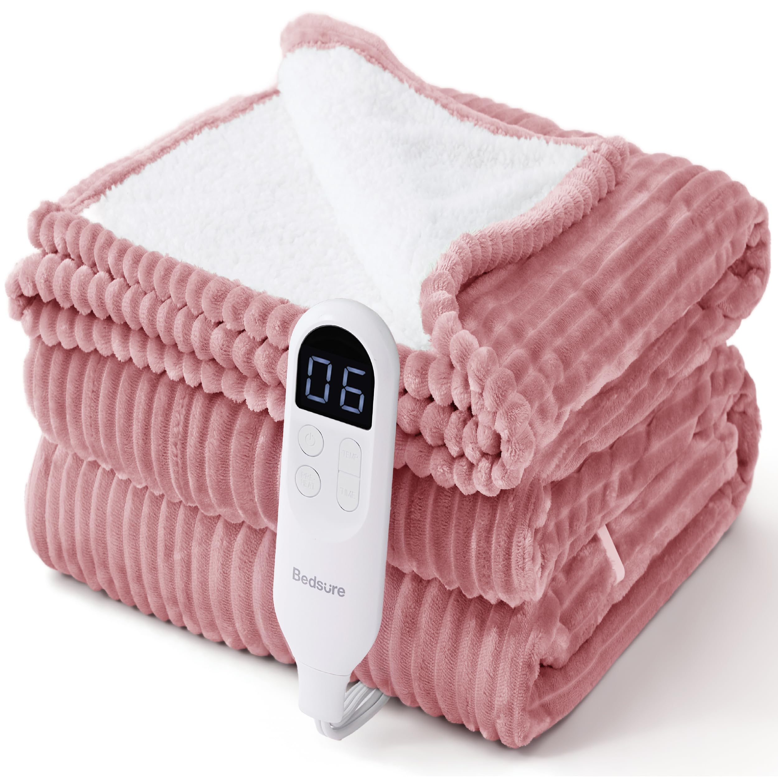 Bedsure Ribbed Electric Blanket Twin, Pink Heated Blanket, Preheat