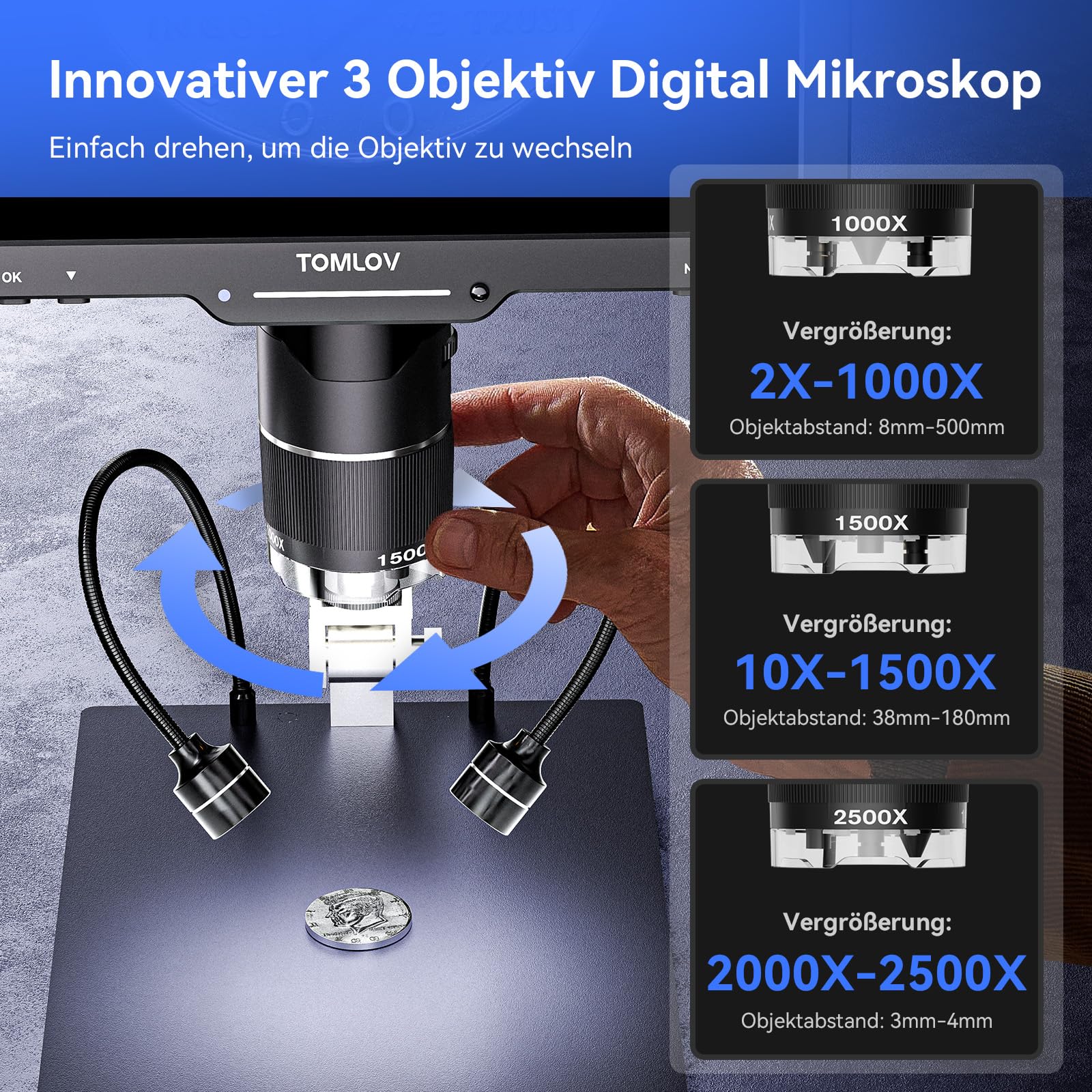TOMLOV TriL110 10,1" IPS Mikroskop mit 3 Objektiven, Lötmikroskop mit LED | Drehbarer 3-Objektivwechsel, 2K Videos & 24MP Fotos Aufnehmen, 2500X, Ganze Münzen, 14 LEDs, PC/TV-Kompatibel