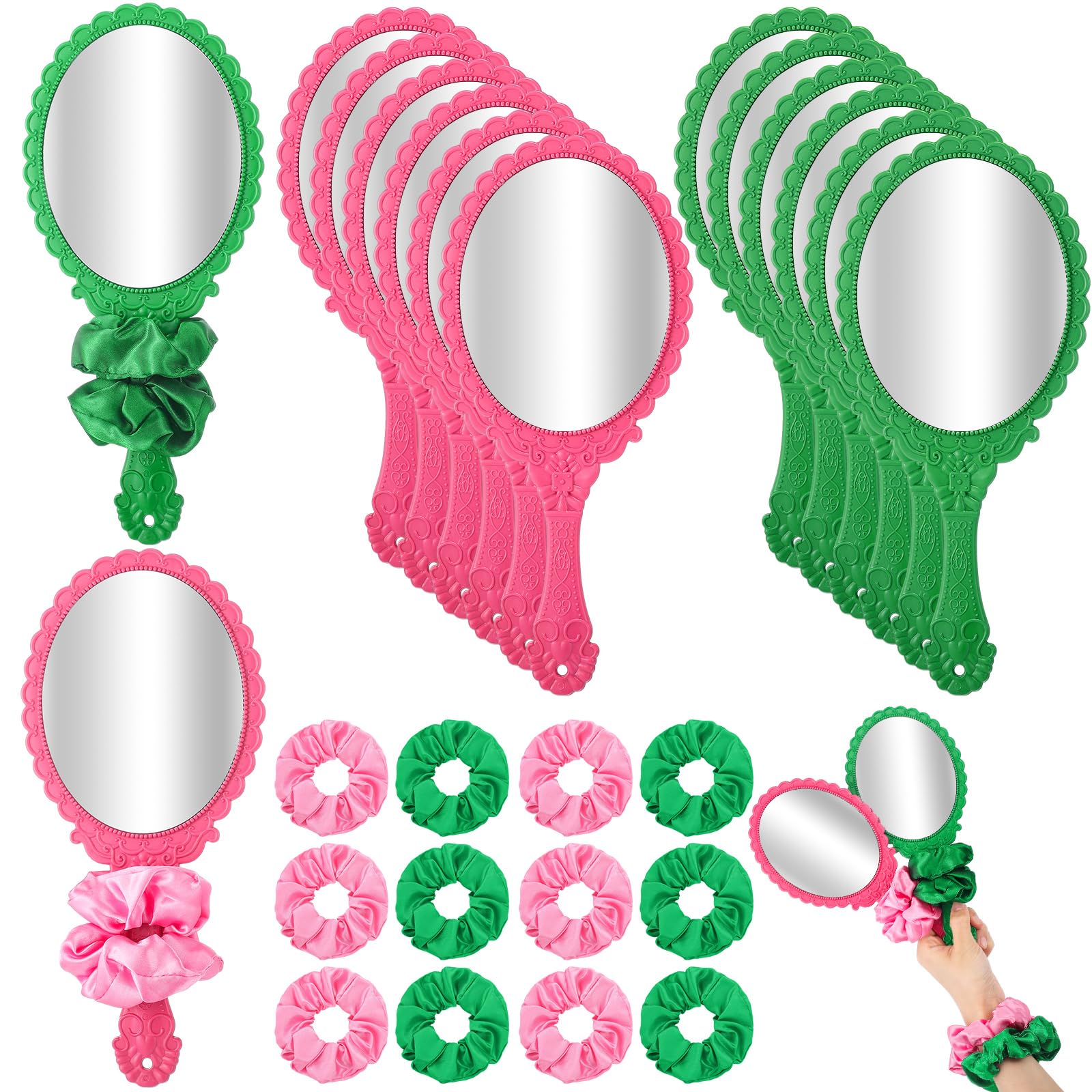 Qunclay 24 Pcs Pink and Green Witch Party Favors Pink & Green Handheld Mirrors with Hair Scrunchie Witch Merch Accessories Theme Birthday Party