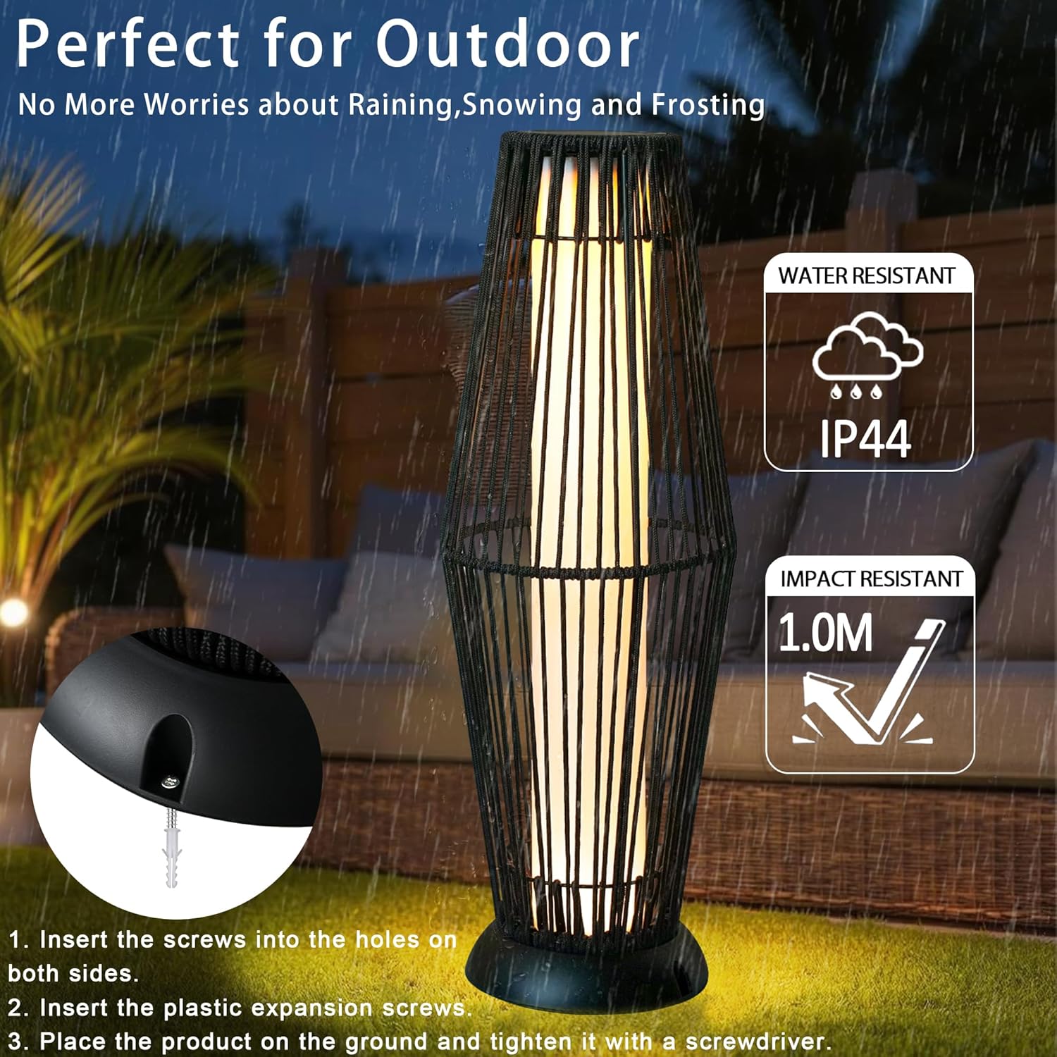 TRIROCKS Outdoor Floor Lamp 2 Piece Solar Powered Lantern Wicker Solar Patio Lamp with Olifen Rope Waterproof Rattan Outside Solar Deck Light for Patio Garden Lawn Yard (Black)