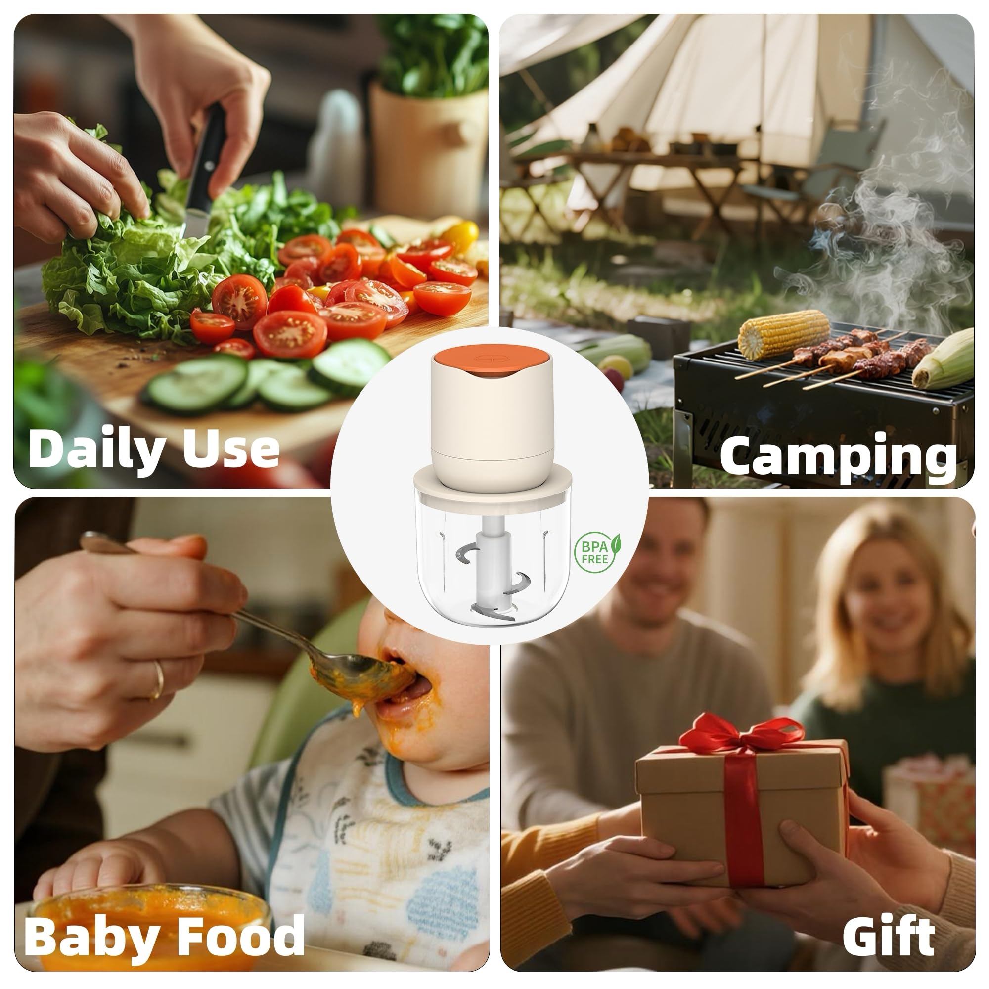 Tritatutto elettrico portatile 600 ml 100 W, 304 acciaio inox 3 coltelli, batteria da 3000 mAh con carica di tipo C, facile da pulire, per la preparazione di carne macinata, salsa d'aglio e