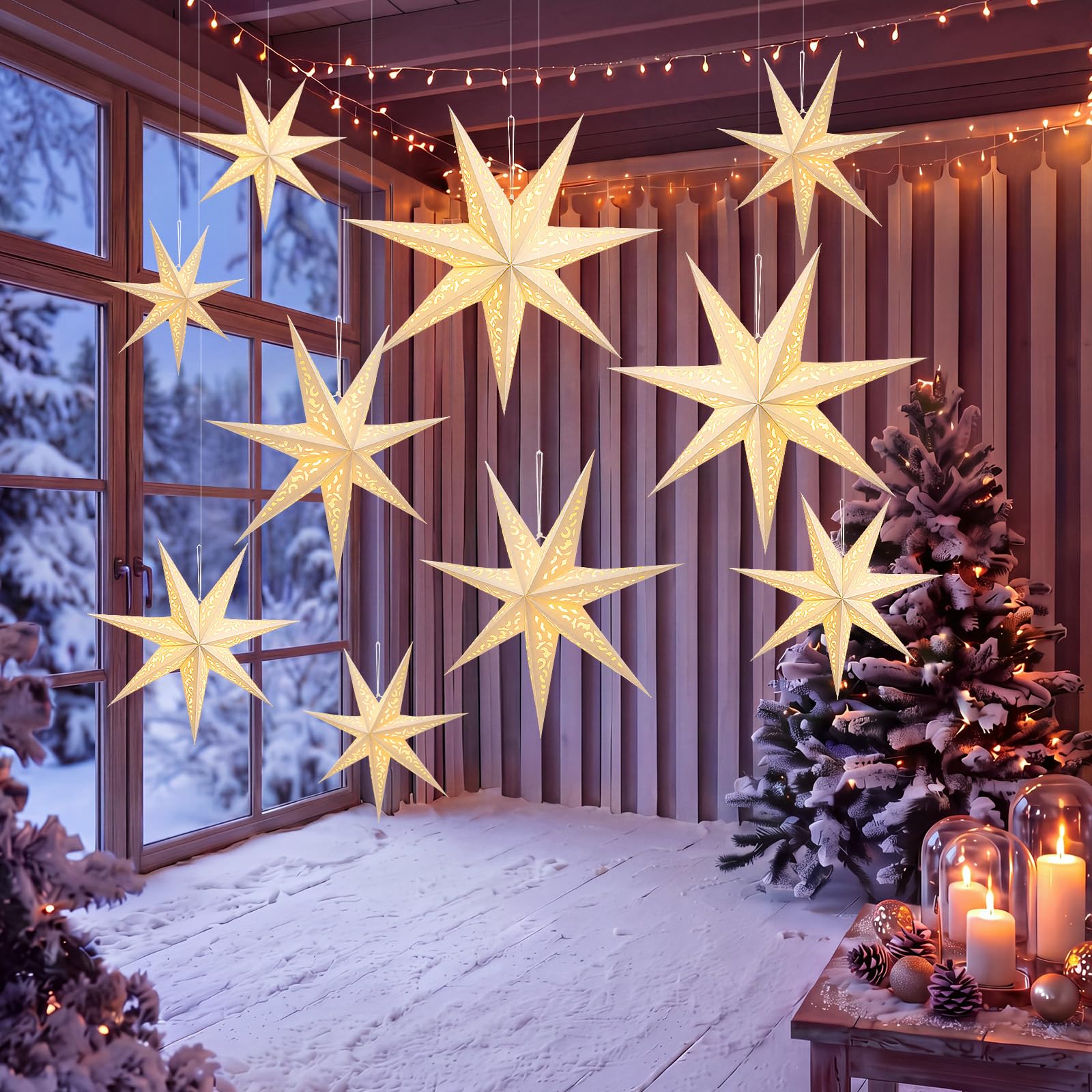 Dunzoom Confezione da 9 lanterne di carta bianche a forma di stella da appendere, decorazioni a forma di stella, con filo di luci, decorazione per albero di Natale, decorazione per matrimoni, feste di