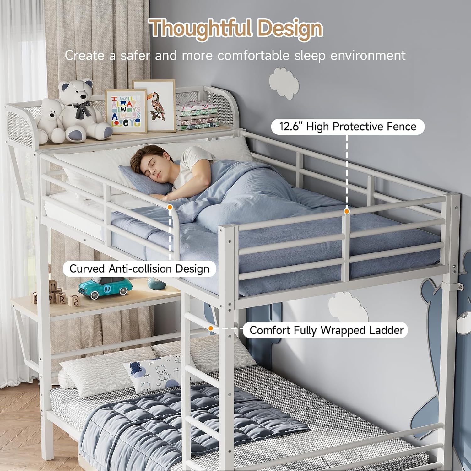 Bunk Bed Twin Over Twin with Charging Desk, Heavy Duty 2 Decker Bed, 2-Tier Metal Bed Frame with Safety Guardrail & Stairs, Upper Bed with Extra Shelf, Easy Assembly for Juniors Bedroom, Dorm, White