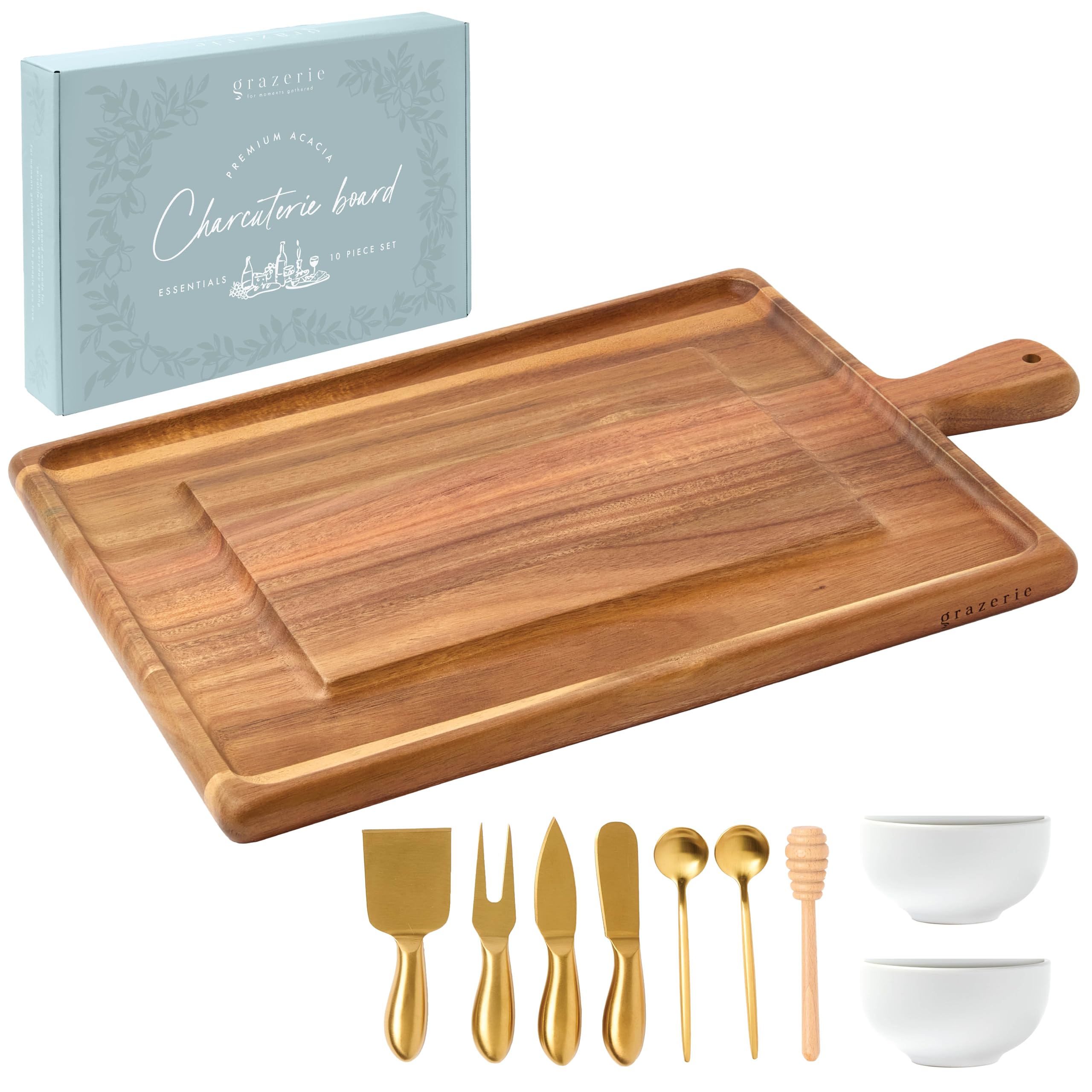 Charcuterie Board Gift Set - Acacia Serving Board with Handle and Complete Knife Set