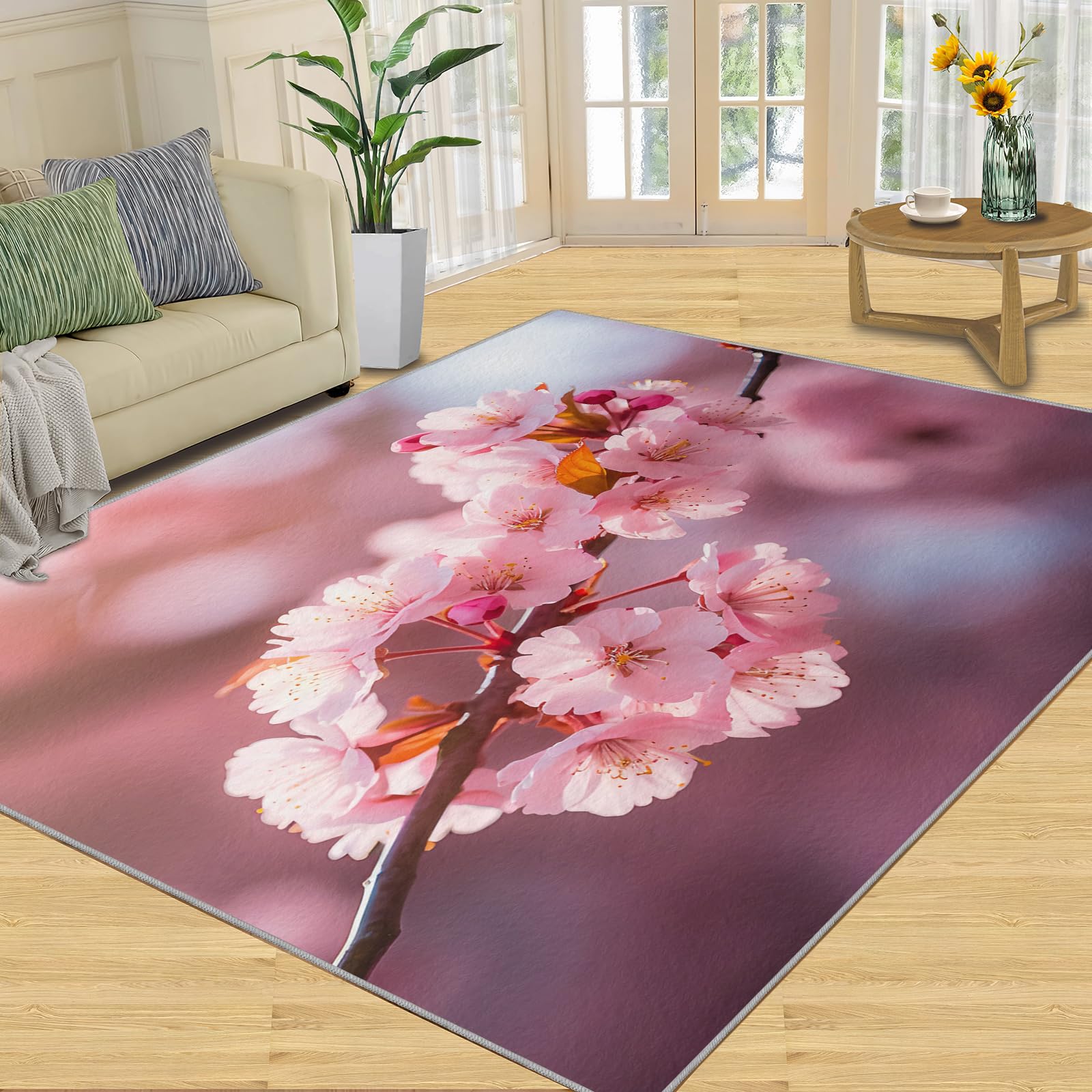 YXQAIED Washable Rugs for Entryway Living Room Bedroom, Cherry Blossom Rug, Pink Sakura Area Rug 160x230cm, Spring Natural Scenery Non Slip Non-Shedding Indoor Carpet, Flowers Patterned Rug