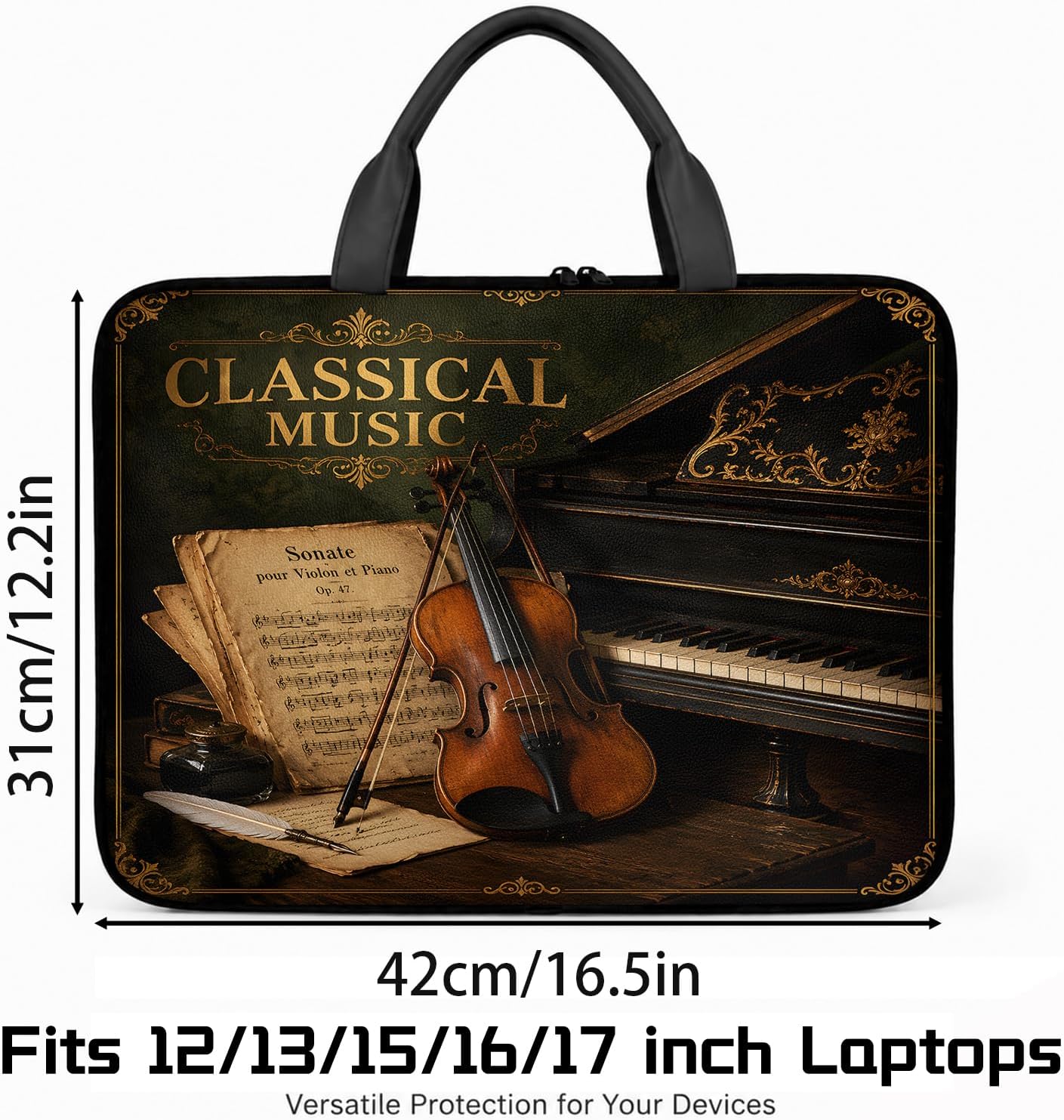 Classical Music Violin Piano PU Leather Laptop Case Sleeve Bag with Handle image 4