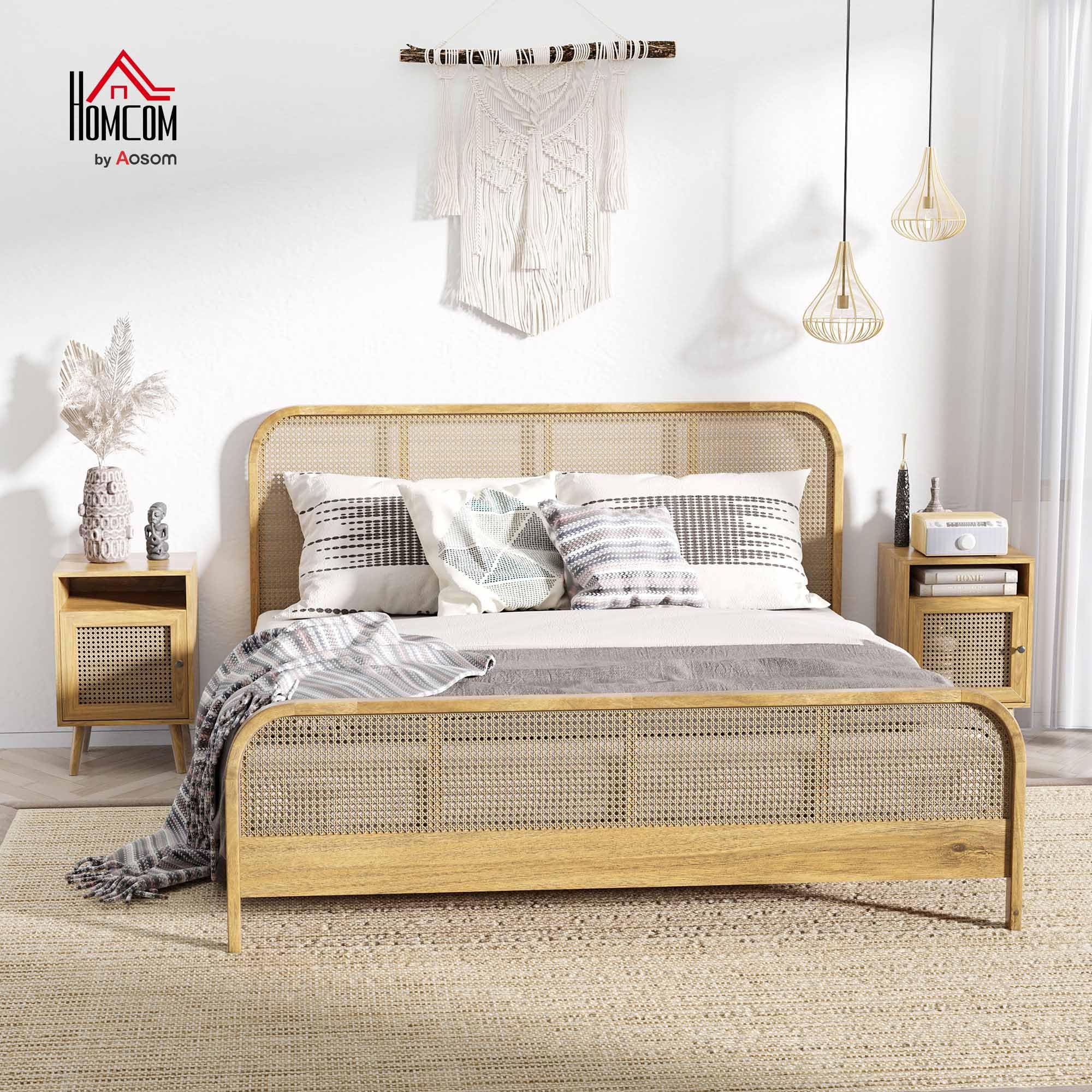 UEV Set di 2 Comodini in Legno, Comodino in Rattan con Armadietto