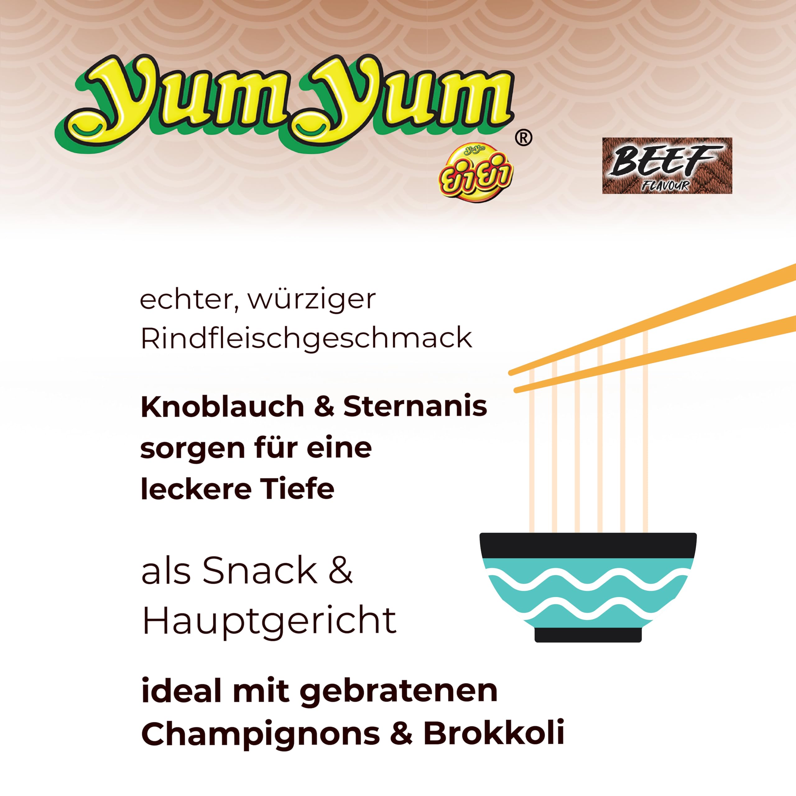 YumYum Beef Flavour 120x60g Asiatische Instant Nudeln mit Rindfleischgeschmack, sofortiger Genuss, authentisch thailändisches Aroma, als Snack, ideal mit Brokkoli & Champignons, Produktion in Thailand
