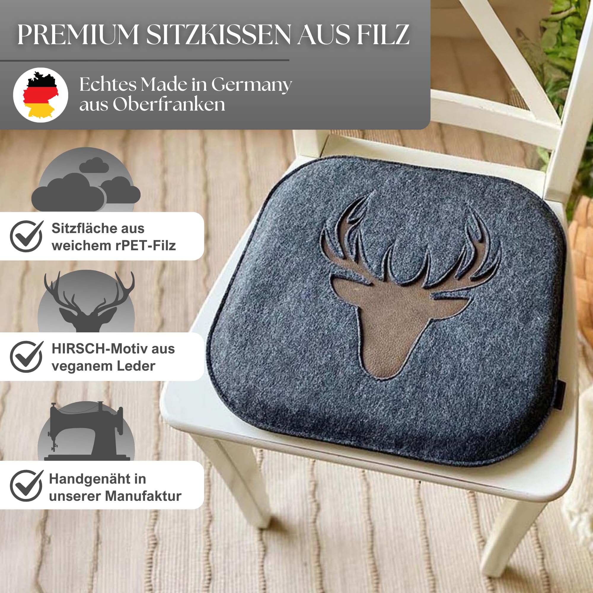 kontor28® - Sitzkissen Filz handgefertigt Made IN Germany | Sitzkissen Stuhl 37,5x37,5 cm aus rPET-Filz extra weiche und robuste Polsterung | Sitzauflage Stuhl Johann | anthrazit 4er-Set