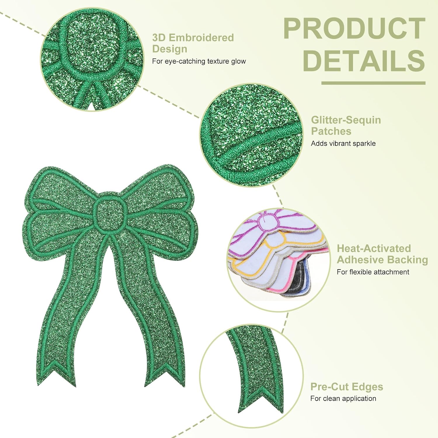 Glitter Bow Iron on Patches Sequin Sew on Bows Embroidered Applique Fit for Jeans Jackets Women Clothes Hats Backpacks (8 Pack, Green) image 3