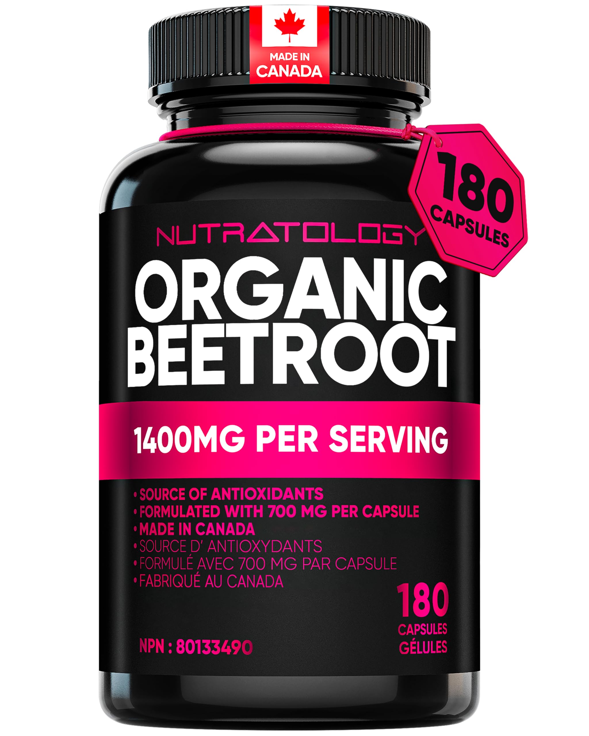 NEW! Nutratology Organic Beetroot Capsules | 1400 mg per Daily Serving | Made In Canada | Source of Antioxidants | Organic Beetroot Root Powder - 180 Capsules