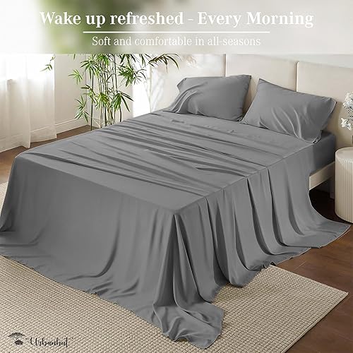 Miniatura 3 de URBANHUT Juego de sábanas de 100 % algodón egipcio tamaño King, 4 piezas, sábanas de algodón refrescante natural, tejido suave y satinado de 400