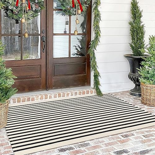 Vista 165 de KILOCOCO Alfombra de rayas beige de 2.3 x 3.6 pies para interiores y exteriores, alfombra tejida a mano de algodón lavable a rayas para puerta Rayas