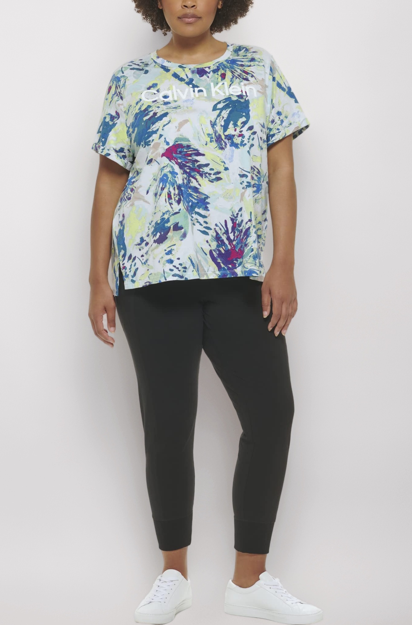 Women Plus Size Active Logo Print Rolled Cuff Tee, Floral WASH SEA Level, 2X