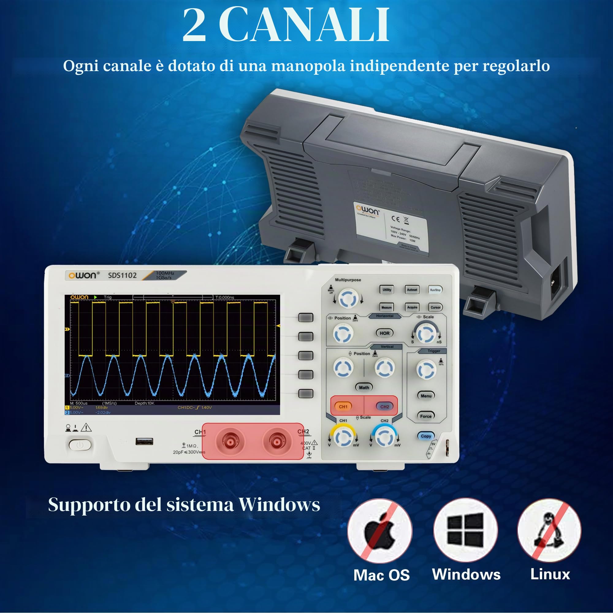SDS1102 OWON - Oscilloscopio portatile da scrivania, 100 MHz, a due canali | Schermo a colori da 7" con frequenza di campionamento 1GSa/s