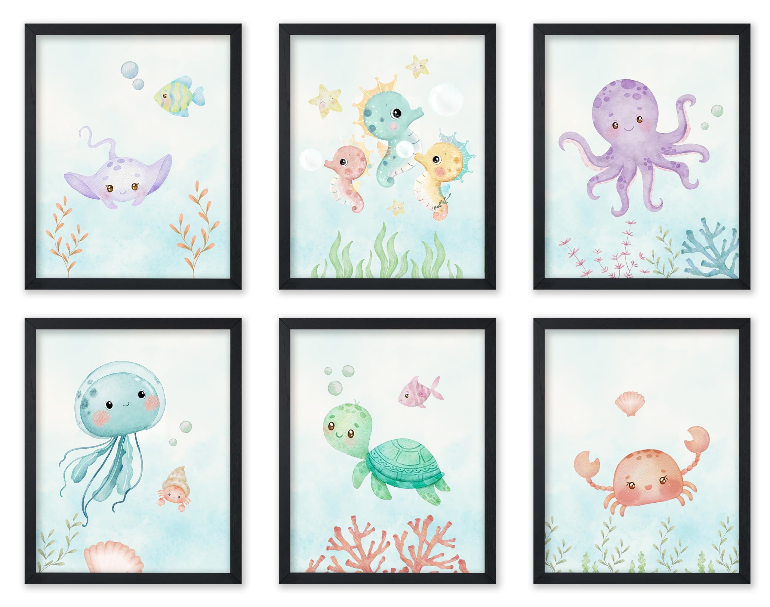 Monem Art 6-Piece Sea Animals Poster - Aquatic Print - Pastel Color Art - Marine Life Art - Gift for Boys, Girls & Parents - Decor for Playroom, Kid's