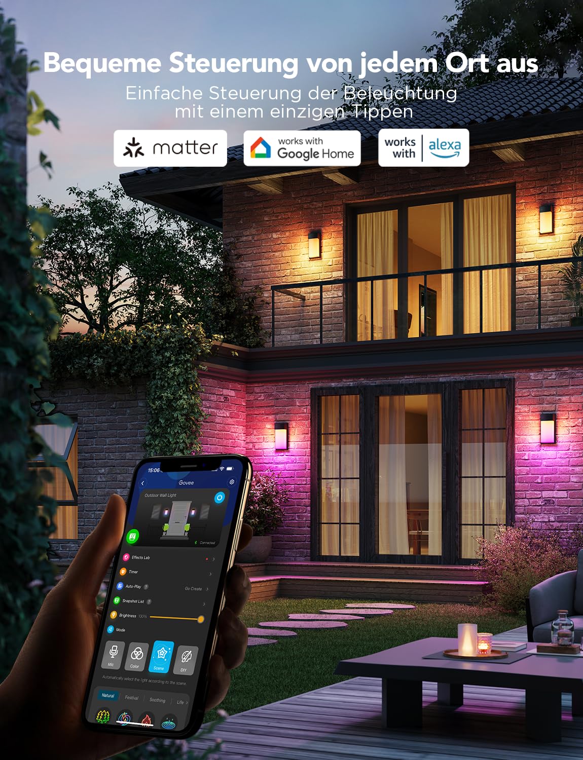 Govee Outdoor Wandleuchte, 1500lm Smart Außenwandleuchte, IP65, 2 Stück | 2700K–6500K RGBIC Wandlampe mit 45 Szenen, DIY-Farben, Funktioniert Matter/Alexa/Google/HomeKit, Veranda, Balkon, Terrasse