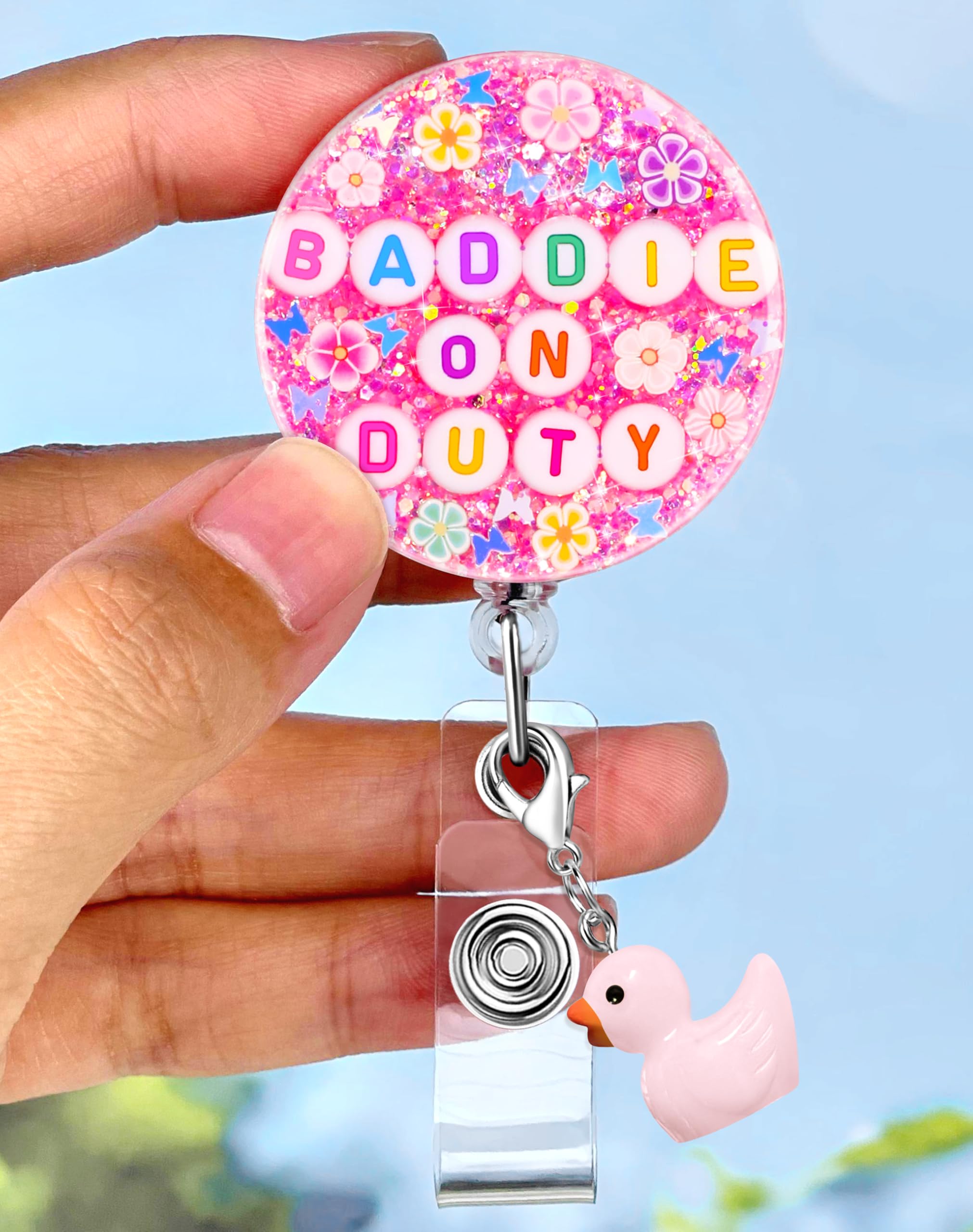Plifal Badge Reel Holder Clip - Baddie On Duty Pink Funny Letters Retractable ID Name Card Badge Reel with Charm Alligator Clip, Office Nurse Nursing Medical Worker Student Accessories Gifts
