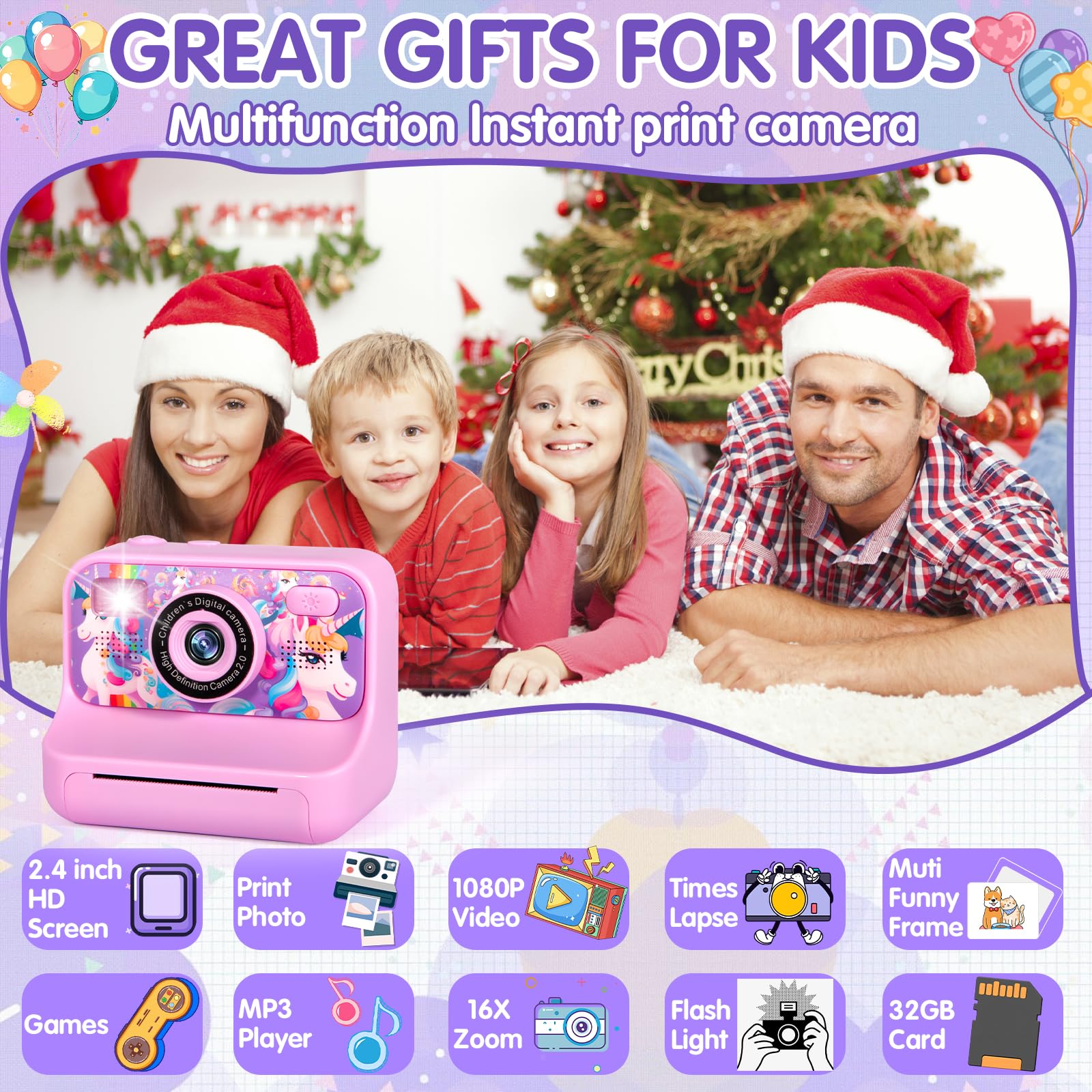 Macchina Fotografica Bambini Istantanea, Fotocamera Istantanea 2.4" 1080P Fotocamera Bambini con 32GB Schede e Carta da Stampa, Modalità Selfie e Video,Regali per Ragazzi Ragazze da 3-12 Anni