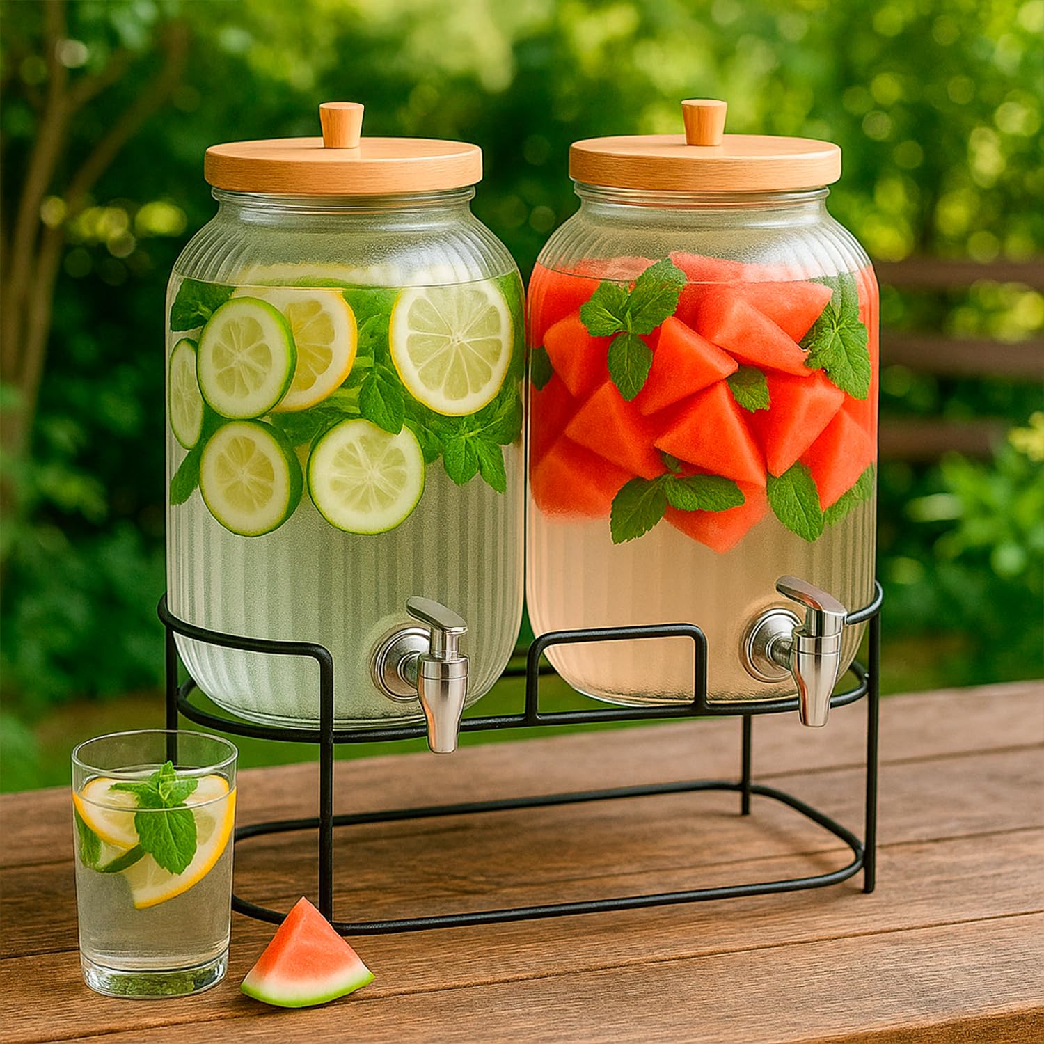 Getränkespender mit Ständer 2x 5L, Getränkespender Glas mit Zapfhahn, Glas-Wasser-Saft-Spender mit Hahn, Wasserkrug mit Hahn - 2 Stück
