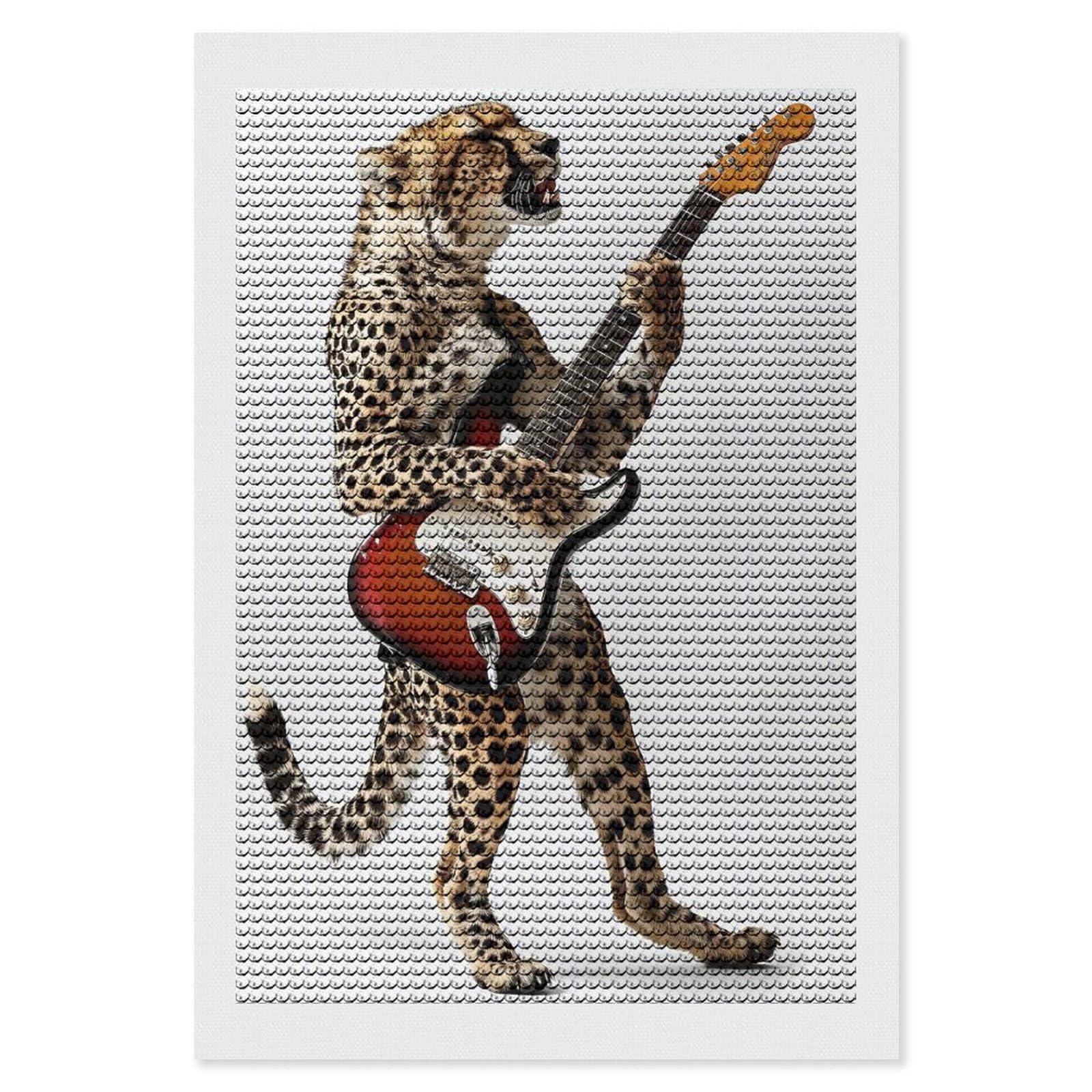 Junmoney Cheetah Guitar Diamond Painting Canvas Kit 8"x12", Round Gems, Living Room Decor, Seasonal Gift Choice, Modern Decor