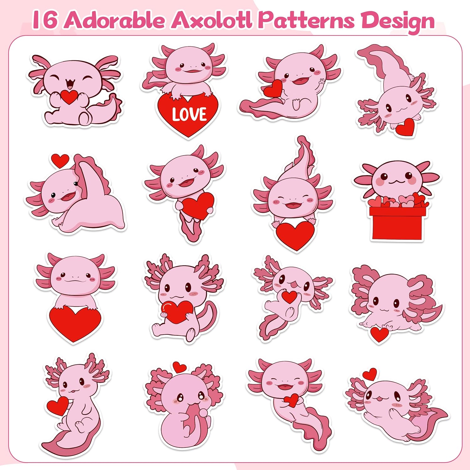 A1diee Cute Axolotl Romantic Stickers - 1000Pcs Pink Axolotl Red Heart Love Decal Amphibian Themed Stickers for Teacher Reward Birthday Baby Shower Envelopes Water Bottle Scrapbooking Cards, 2 Rolls