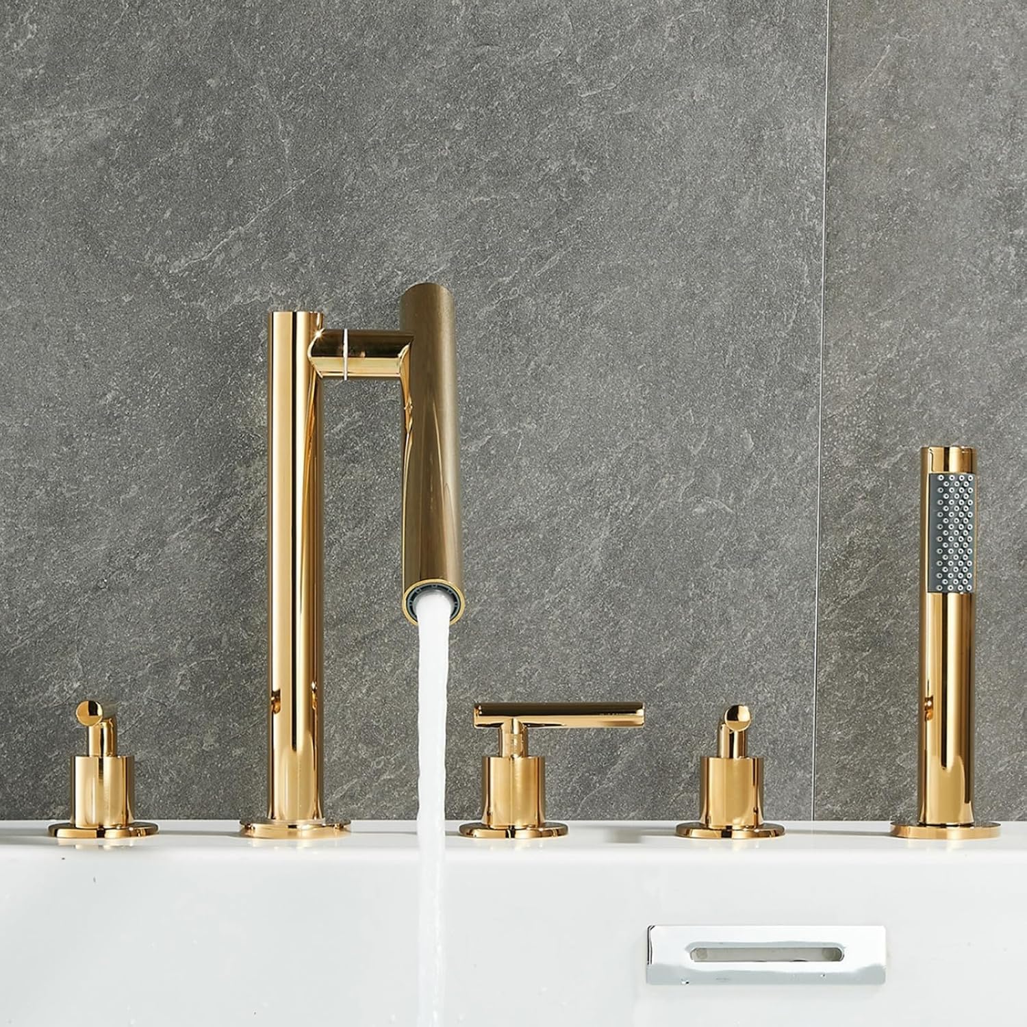 KUNYOS Shower Faucet 5-Hole Rim Bathtub Faucet Bathtub Faucet 360° Swivel Faucet Two-Handle with Hand Shower