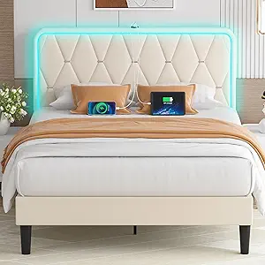 VECELO Upholstered Full Bed Frame with Headboard Adjustable, Velvet Platform Beds with LED Lights, Charging Station, Mattress Foundation with Wooden Slats, Noise Free, No Box Spring Needed, Beige
