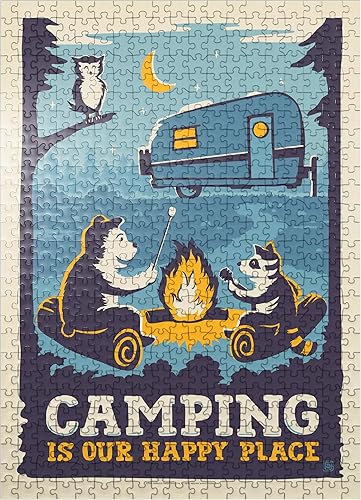 MyPuzzle Camping is Our Happy Place! (Cartoon Critters), póster vintage, rompecabezas prémium de 500 piezas para adultos