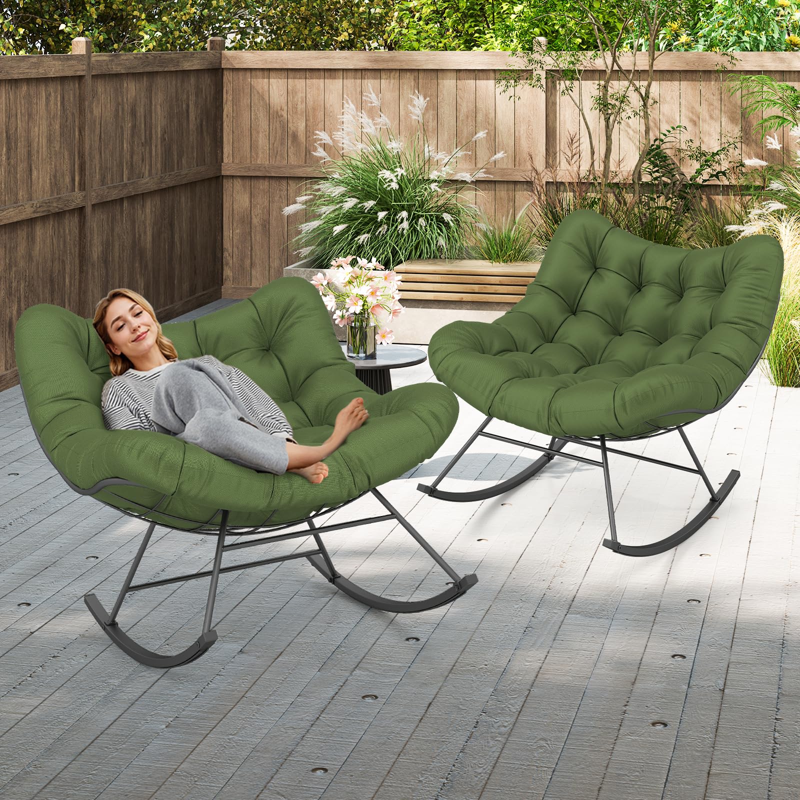 GIANTEX Sedia a dondolo Oversize, Sedia Papasan a forma di uovo con cuscino spesso, poltrona a dondolo per interni ed esterni, carico 205 kg, per giardino, terrazza, grigio (Verde)