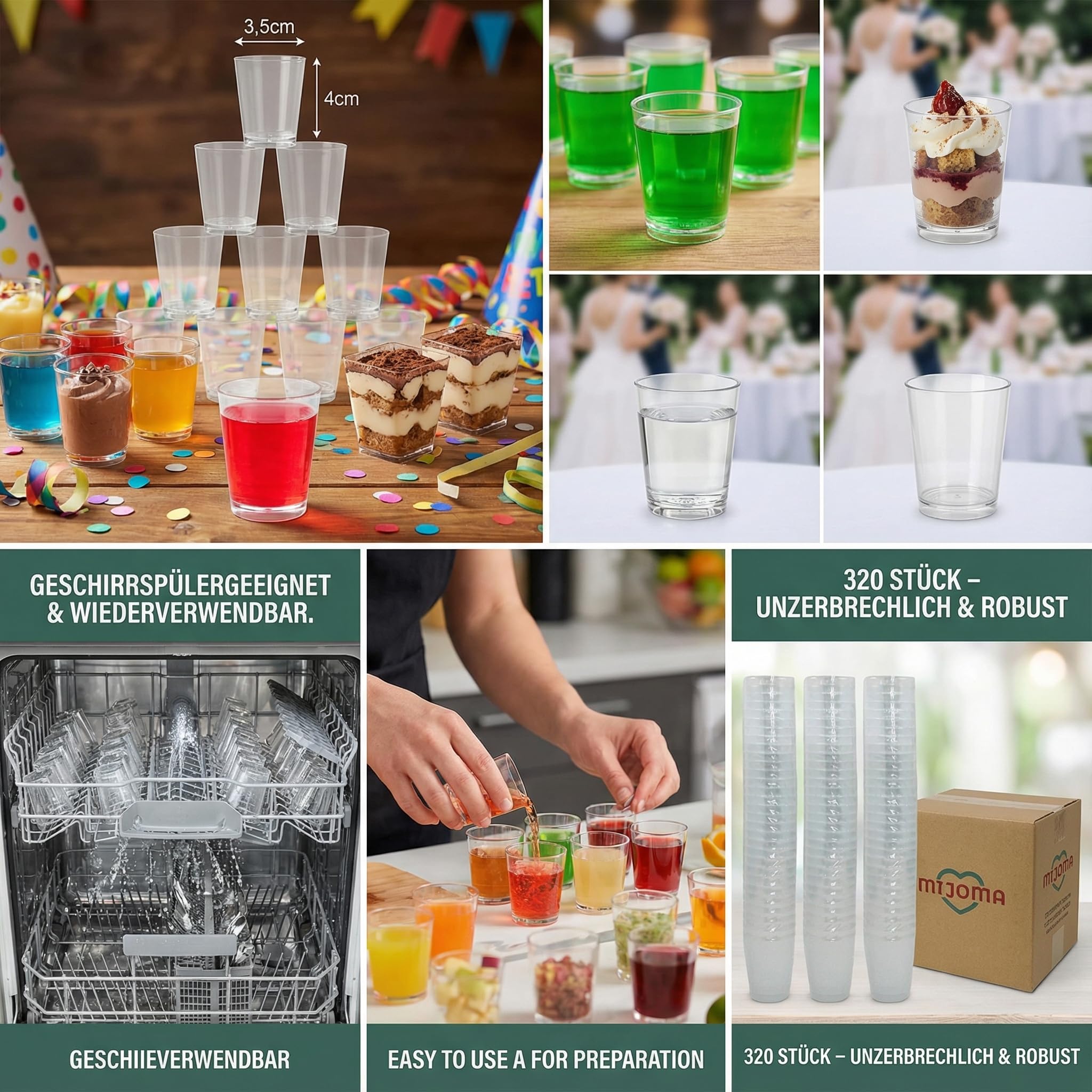 MIJOMA Bicchieri da liquore infrangibili in plastica, resistenti bicchierini per shot. Jello Shot, dessert, feste, matrimoni, compleanni, lavabili in lavastoviglie, riutilizzabili, 29 ml (trasparente,