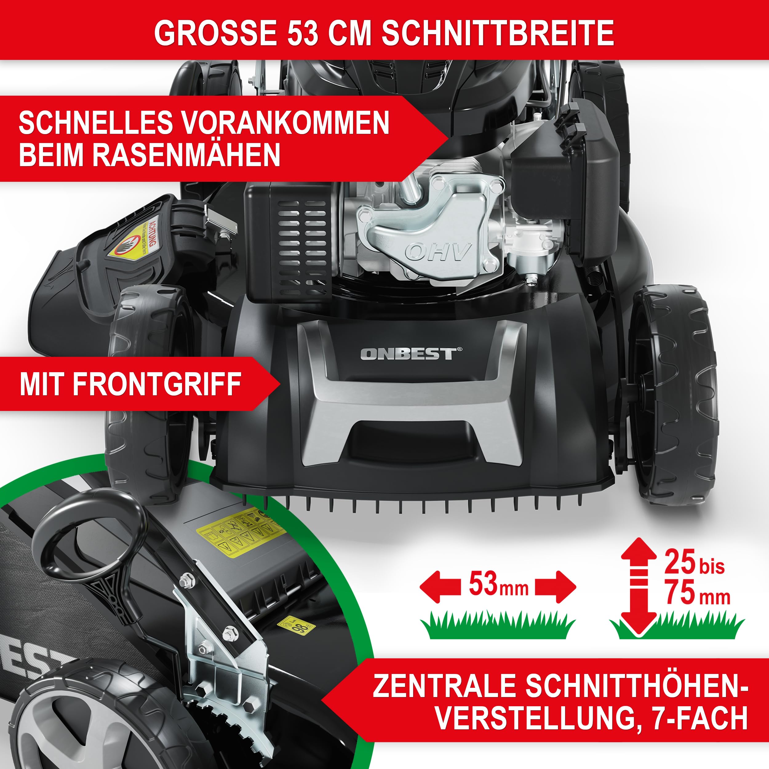ONBEST Benzin Rasenmäher 5IN1 - Starke 6,5 PS, 4 Klingenschneidsystem & Sograd – 4 Takt Motor – 196 cm³ Hubraum – E-Start – 53 cm Schnittbreite – 60L Fangkorb – Radantrieb – Seitenauswurf
