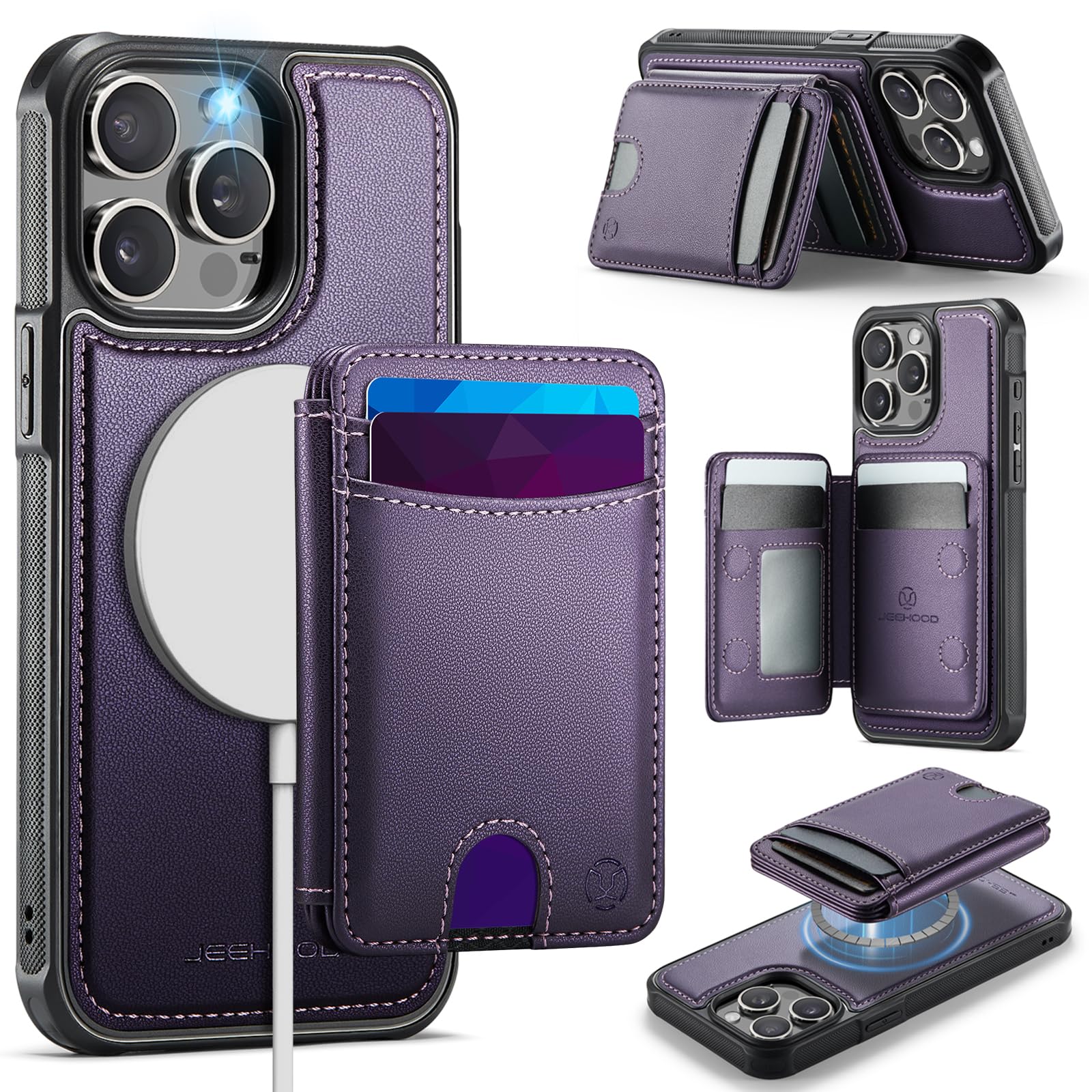 Custodia portafoglio staccabile per iPhone 15 ProMax,［Supporta la ricarica wireless］con RFID e porta carte magnetiche,custodia 2 in 1 in pelle PU per iPhone 15 ProMax（Viola）