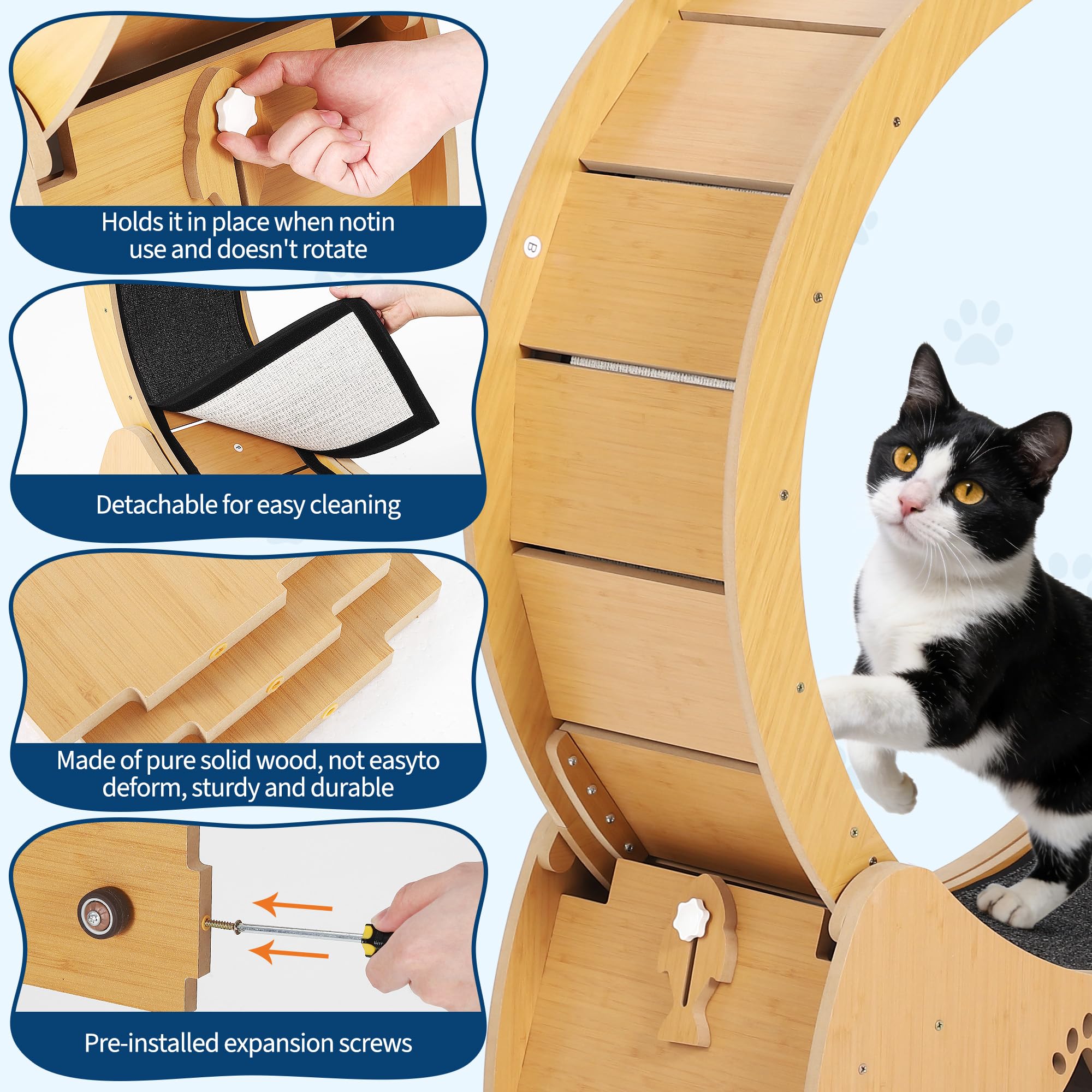 Garvee - Rueda de ejercicio de madera para gato de interior, alfombra extraíble silenciosa, ideal para el mantenimiento, la marcha y la salud de los gatitos, diseño natural