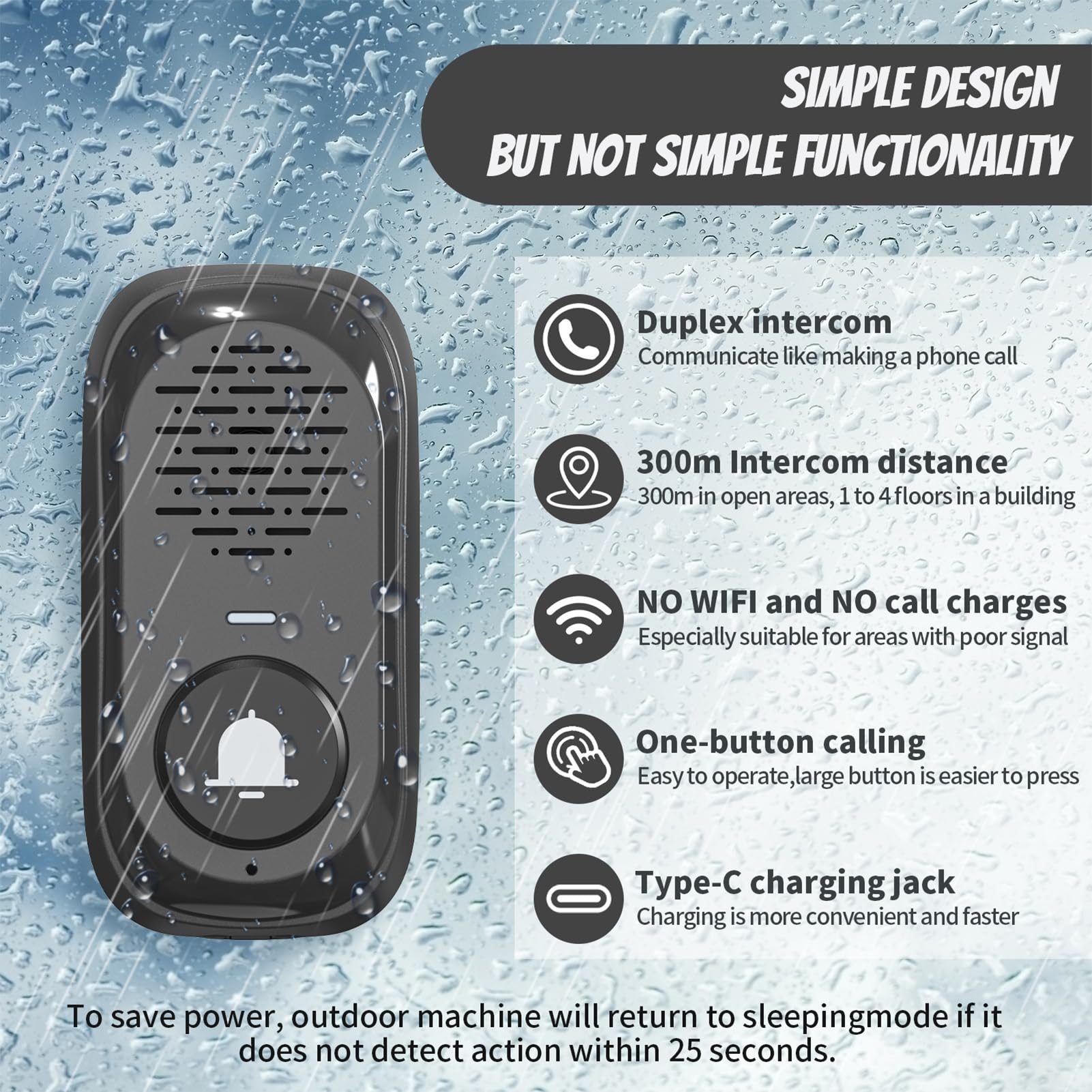 RF433 - Timbre de puerta inalámbrico con 1 sensor interior, rango de 980 pies, no requiere Internet, IP44, impermeable, en tiempo real, llamada de voz, timbre de puerta para casa, oficina,