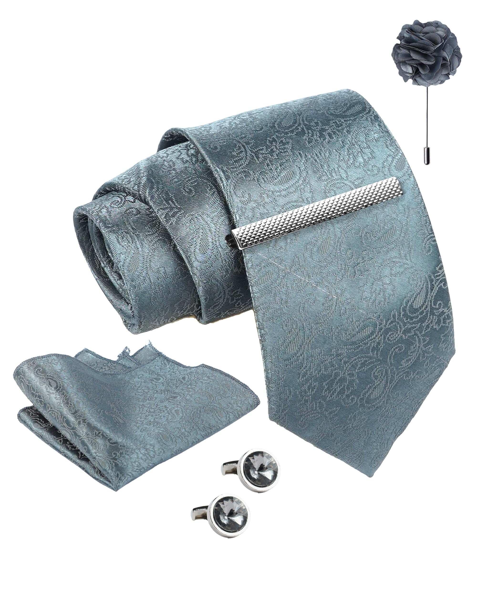 Tie for Men – Paisley Silk Neck Ties Set with Cufflinks Flower Pin, Pocket Square & Black Gift Box, Combo Necktie Sets for Office Wear, Formal Suits & Weddings (Metallic Silver, AXWD_235)-image-25