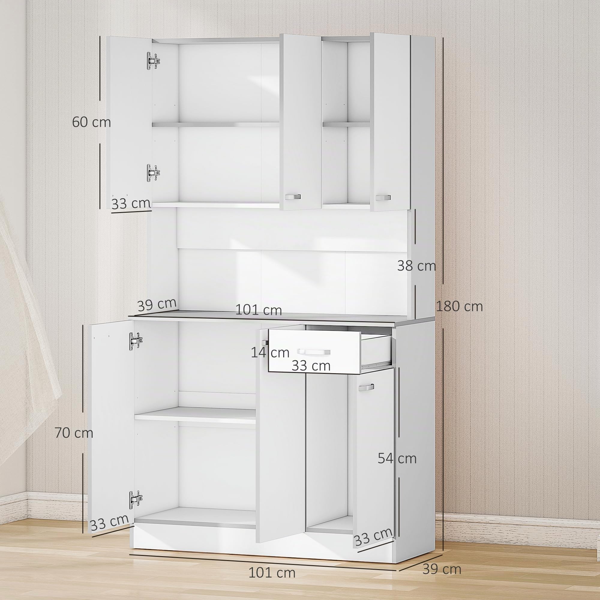 HOMCOM Küchenschrank, Hochschrank mit Schubladen, verstellbaren Einlegeböden, Küchenbuffet mit Mikrowellenregal für Wohnzimmer, Esszimmer, 101 x 39 x 180 cm, Weiß