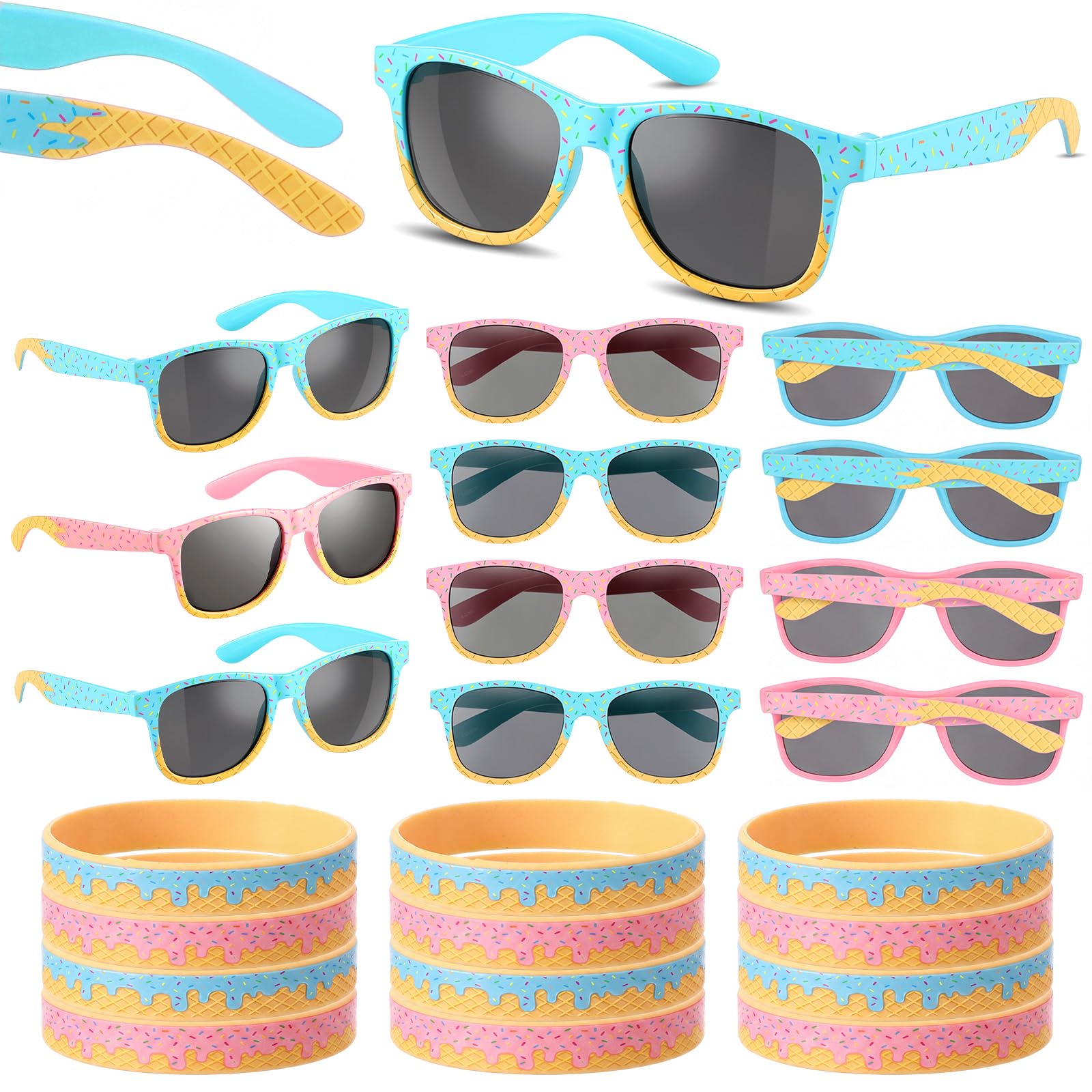 Kingdder 24 Pcs Ice Cream Sunglasses Wristbands Party Favors | Silicone Bracelets Pink Light Blue, Birthday Decorations, Goodie Bag Fillers, Ice Cream Theme Supplies, Party Gifts