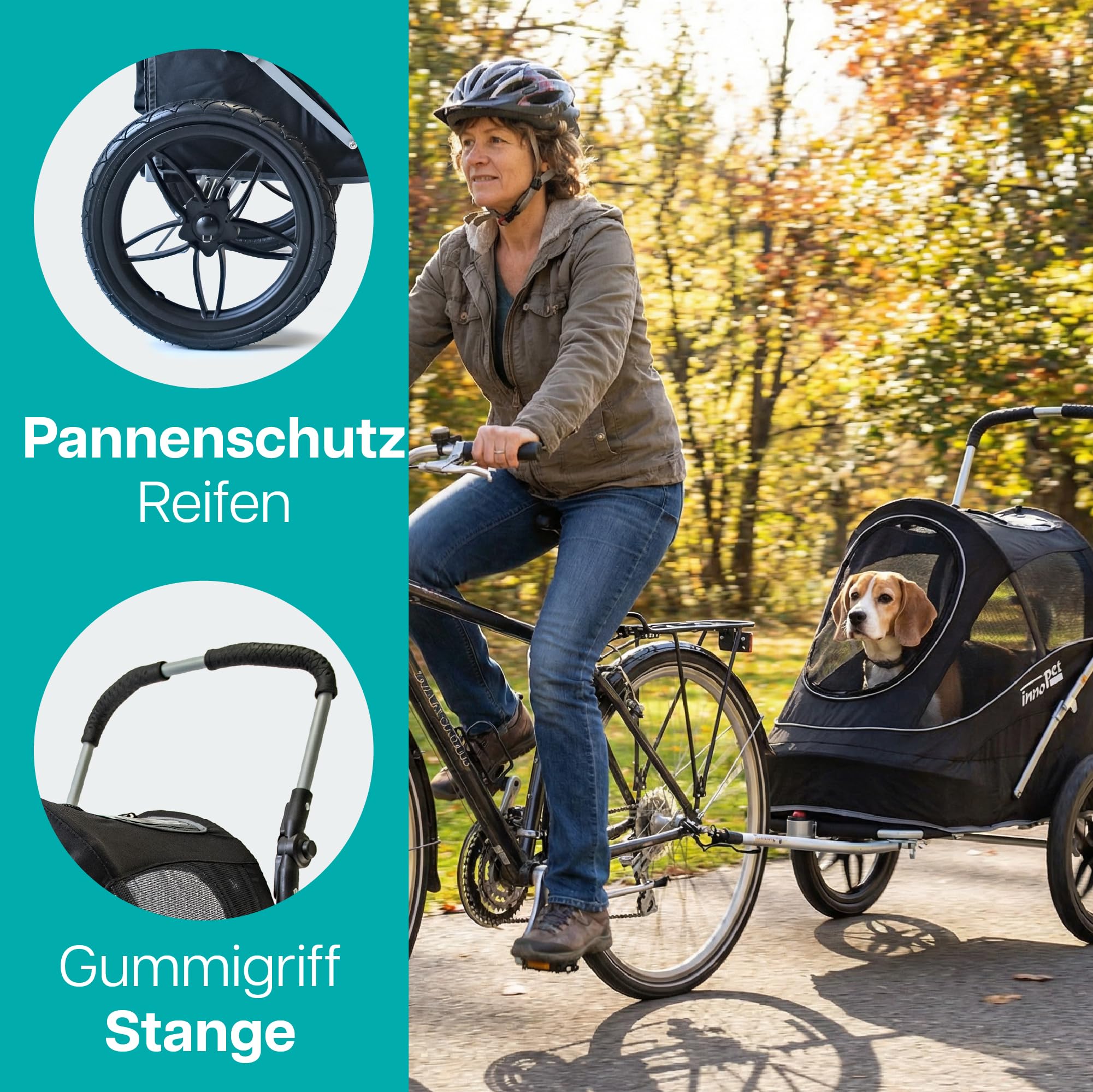 InnoPet Sporty EVR Hundebuggy Hundewagen Trailer - für jedes Gelände - robuste Gummiräder wie Luftreifen - plattfußfrei inkl. Regenhaube - schwarz