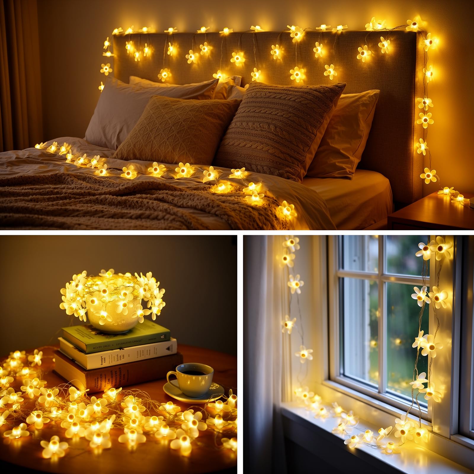 ALEGRE® łańcuch świetlny kwiaty na baterie, 2 m, 20 diod LED, łańcuch świetlny w kształcie kwiatów, łańcuch świetlny z miedzianego drutu w kształcie kwiatów, ciepła biel, świetlne kwiaty do wnętrz, na