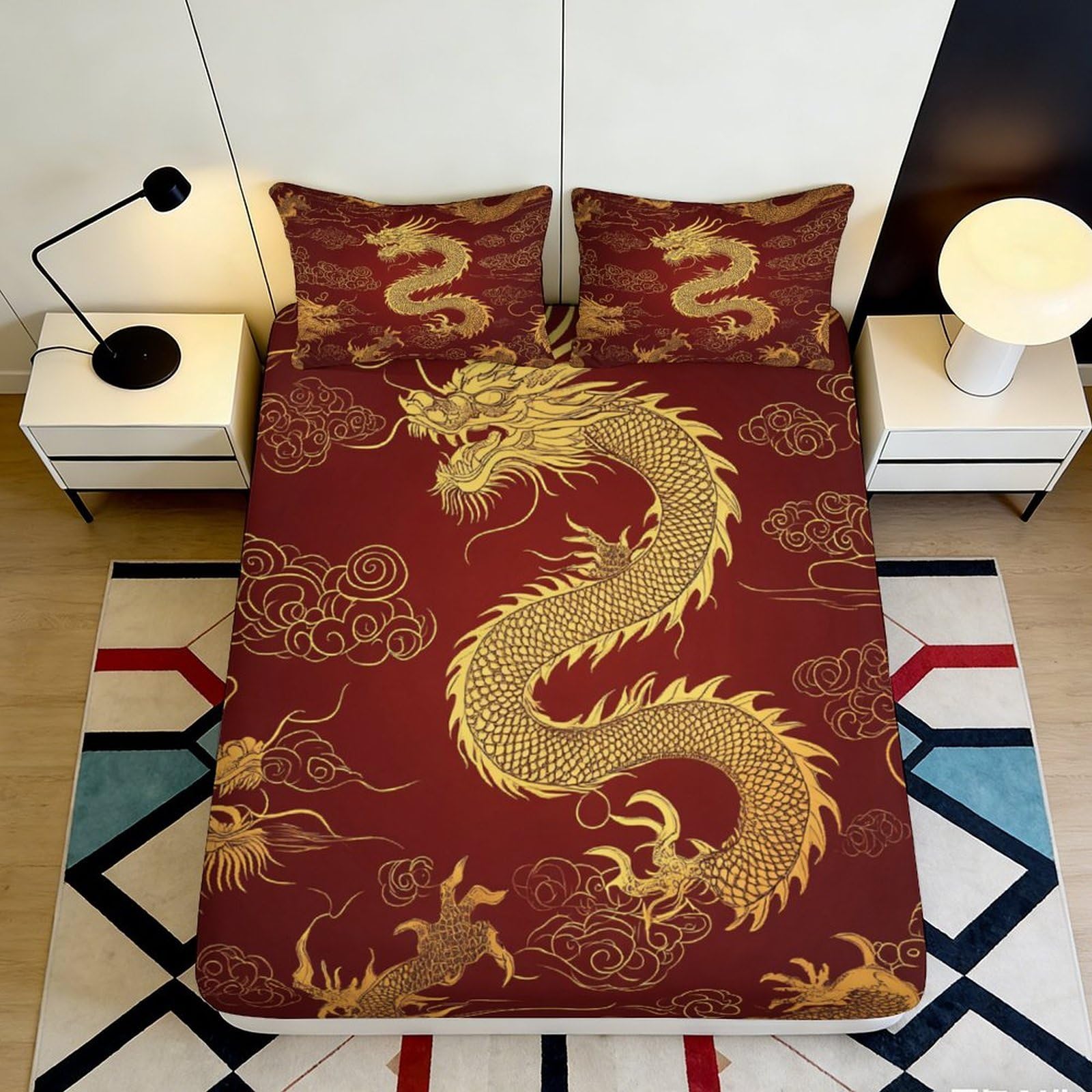 3D Printed Oriental Dragon Pattern Fitted Sheet Microfiber Deep Pocket Bedroom Bedding Dragon Mattress Fitted Cover Non-Slip Washable 140x200x25cm