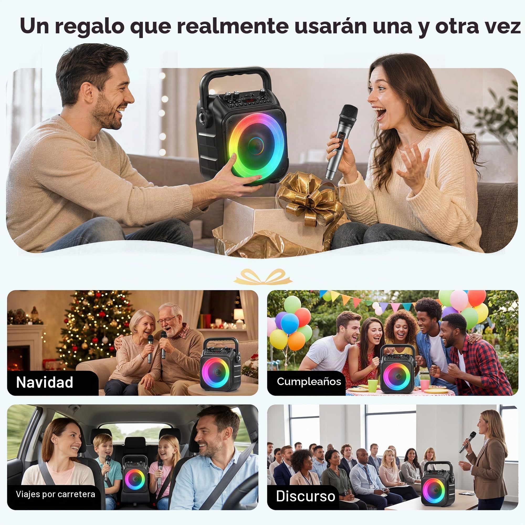 Máquina de Karaoke Singingmate con 2 micrófonos inalámbricos: Altavoz Bluetooth portátil, Multicolor, con conexión USB y AUX, para Adultos y niños, Fiestas y hogar