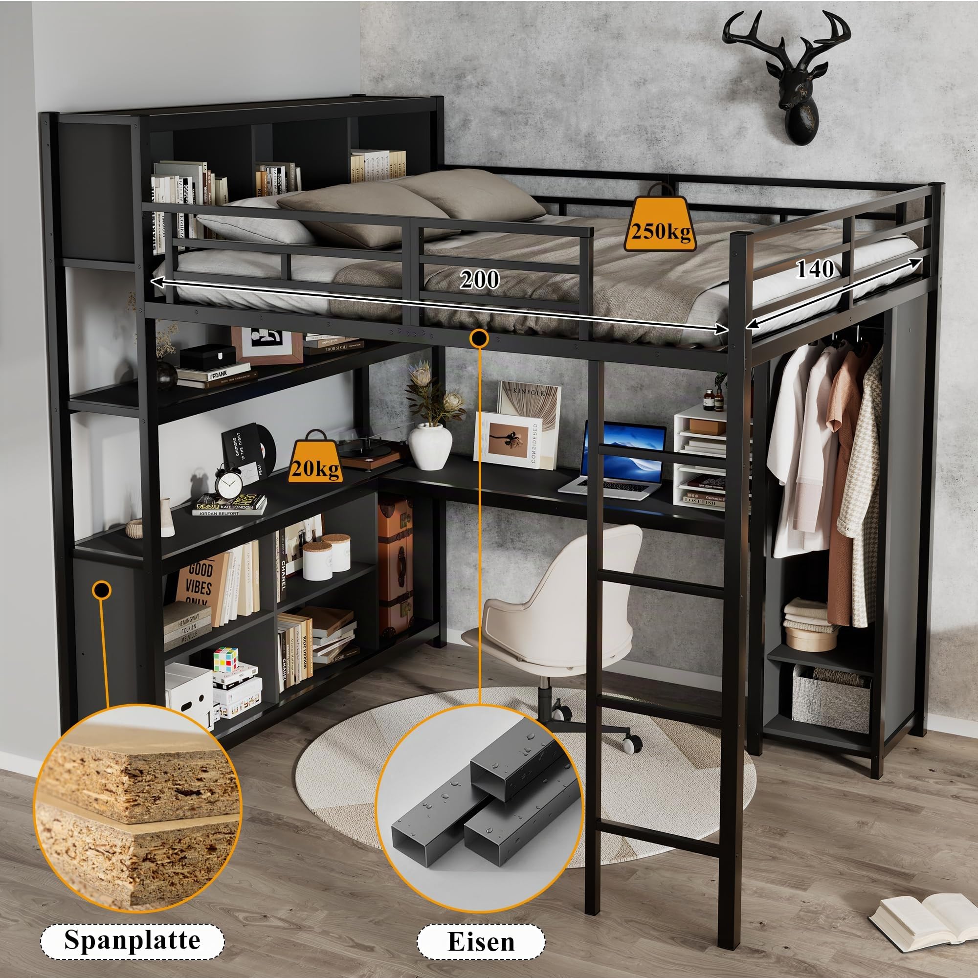 Etagenbett Kinderbett 140x200 cm, Eisenbett Hochbett mit Stauraum Schreibtisch, Einzelbett Metallbett Bett mit Kleiderschrank, Leiter und Lattenrost aus Metallrahmen, ohne Matratze (Schwarz)