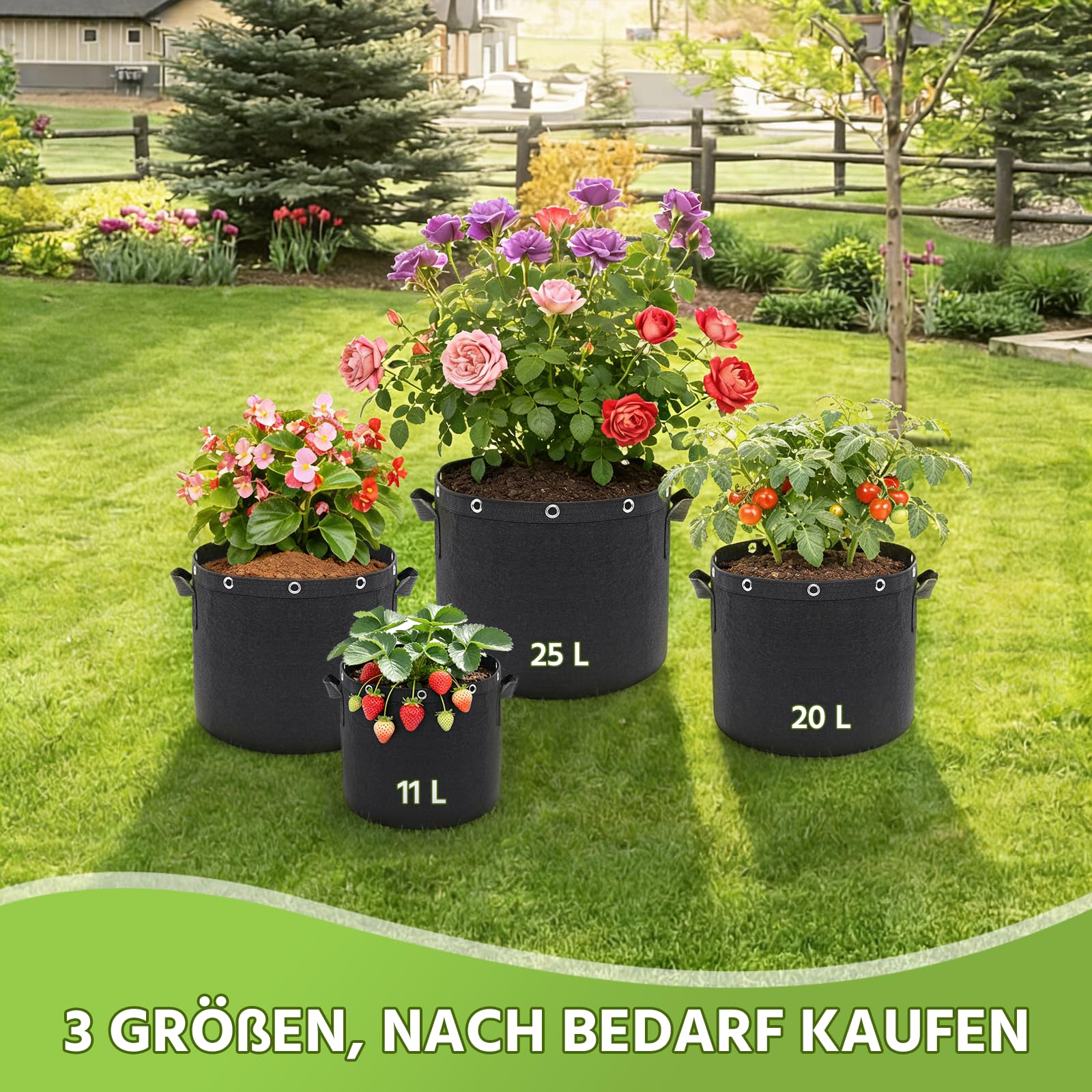 Newthinking Pflanzsack 11L, 6 Stück mit Griffen – Robuster Stofftopf für Tomaten, Kartoffeln, Erdbeeren, Blumen und Garten