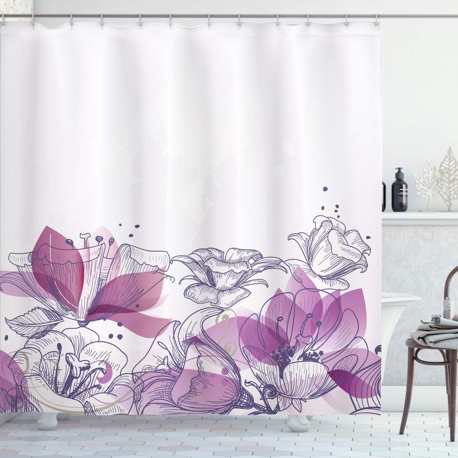 Ambesonne Flower Shower Curtain, Retro Floral Background Hibiscus Silhouettes Dramatic Romantic Nature Art, Cloth Fabric Bathroom Decor Set with Hooks, 70" Long, Pale Rose